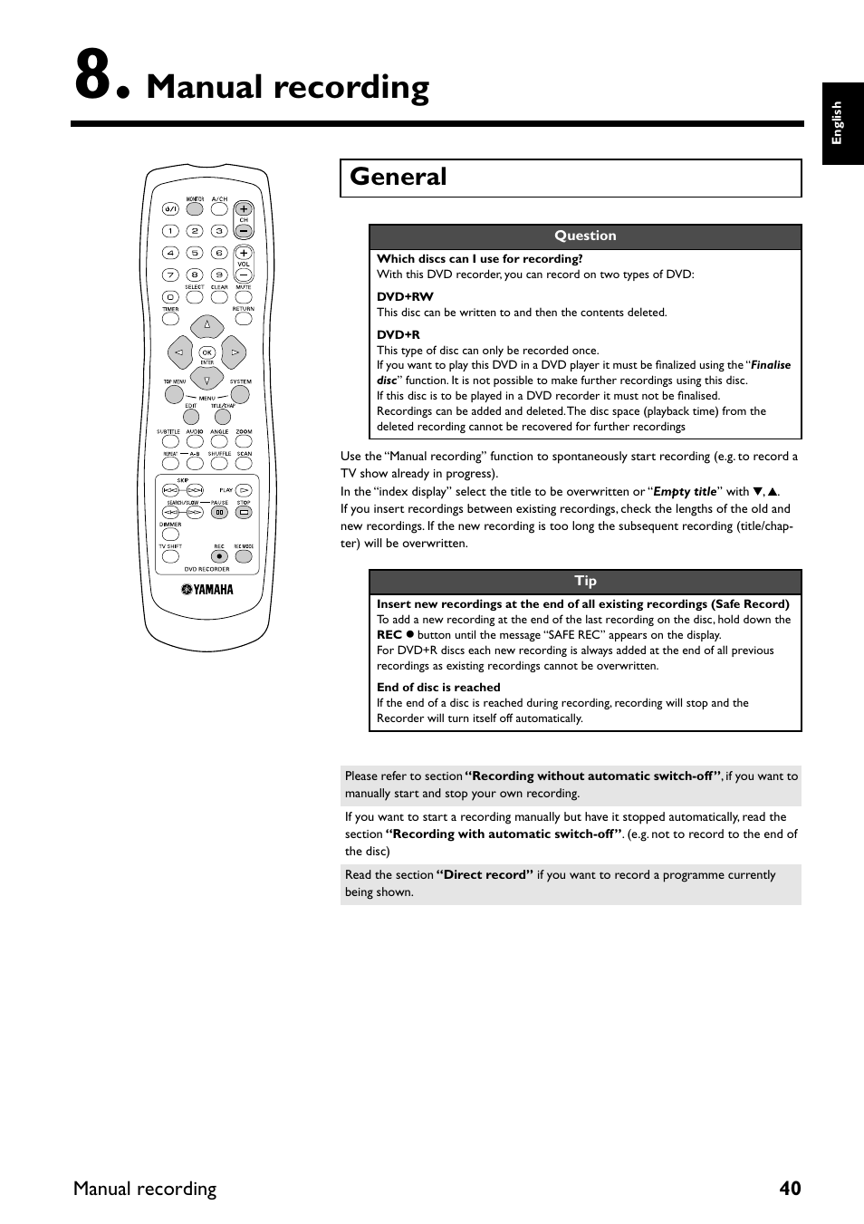 Manual recording, General | Yamaha DRX-2 User Manual | Page 45 / 76