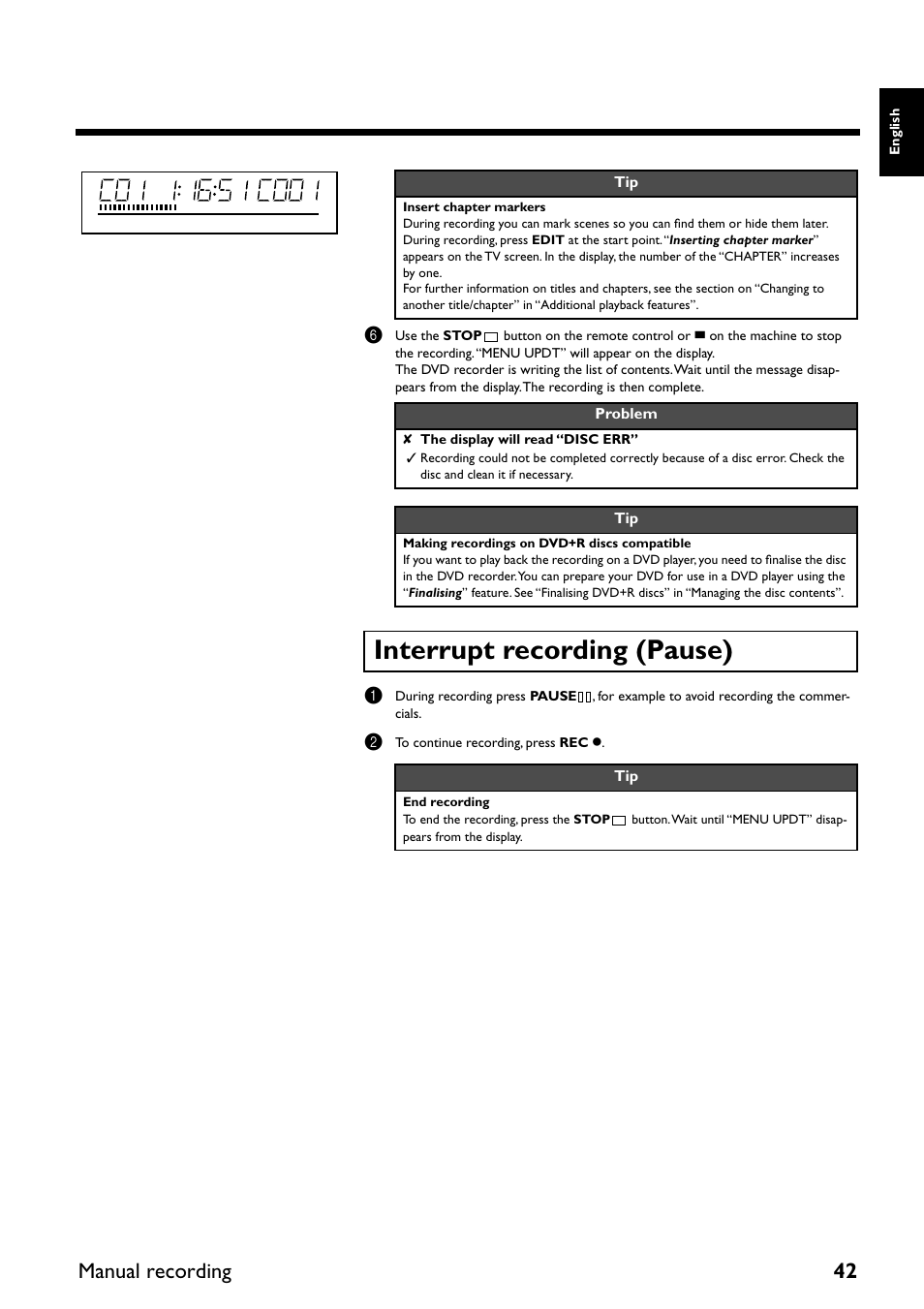 Interrupt recording (pause), Manual recording 42 | Yamaha DRX-2 User Manual | Page 47 / 76