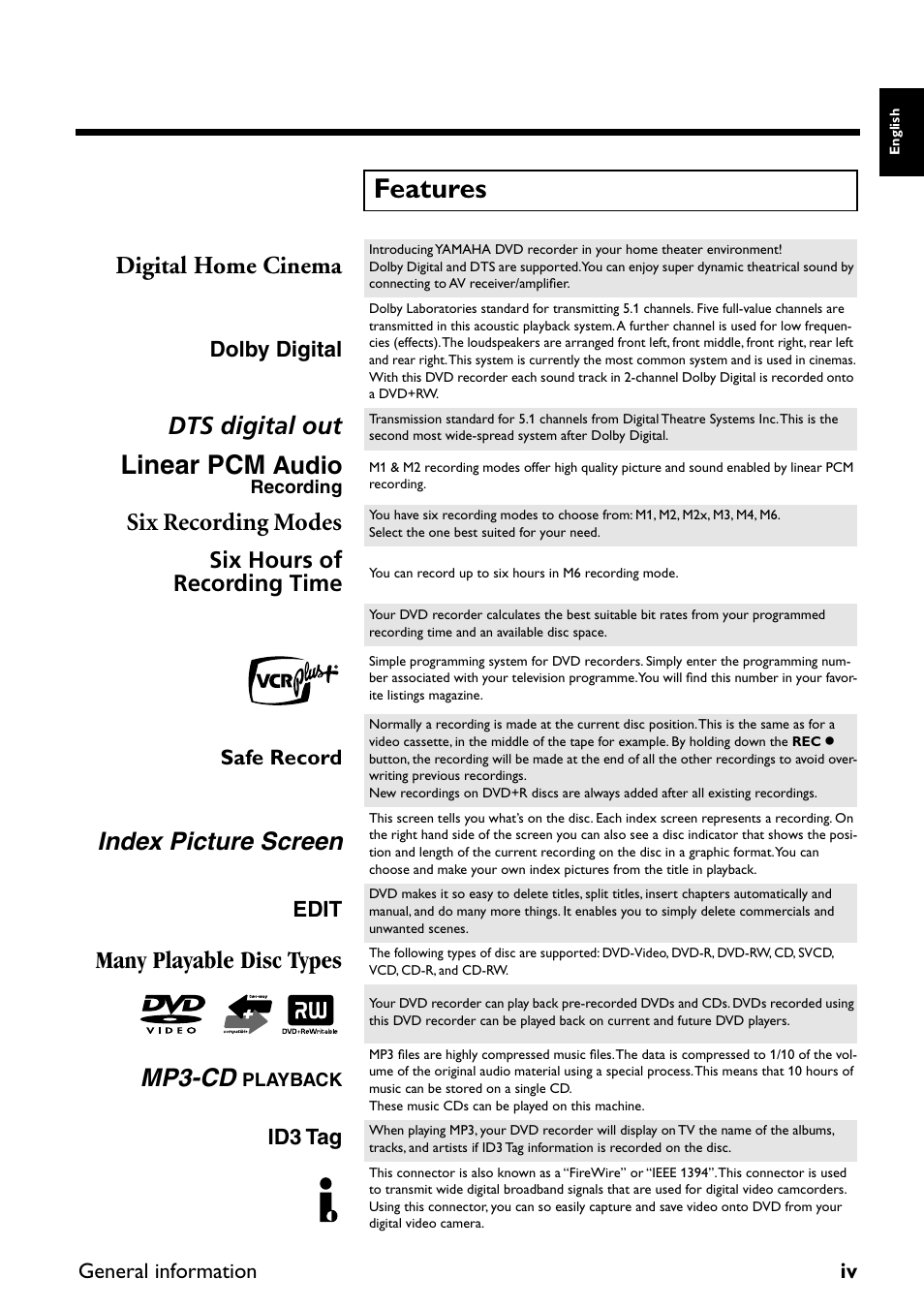 Features, Linear pcm, Fit to space recording | Digital home cinema, Dts digital out, Audio, Six recording modes, Index picture screen, Many playable disc types, Mp3-cd | Yamaha DRX-2 User Manual | Page 5 / 76