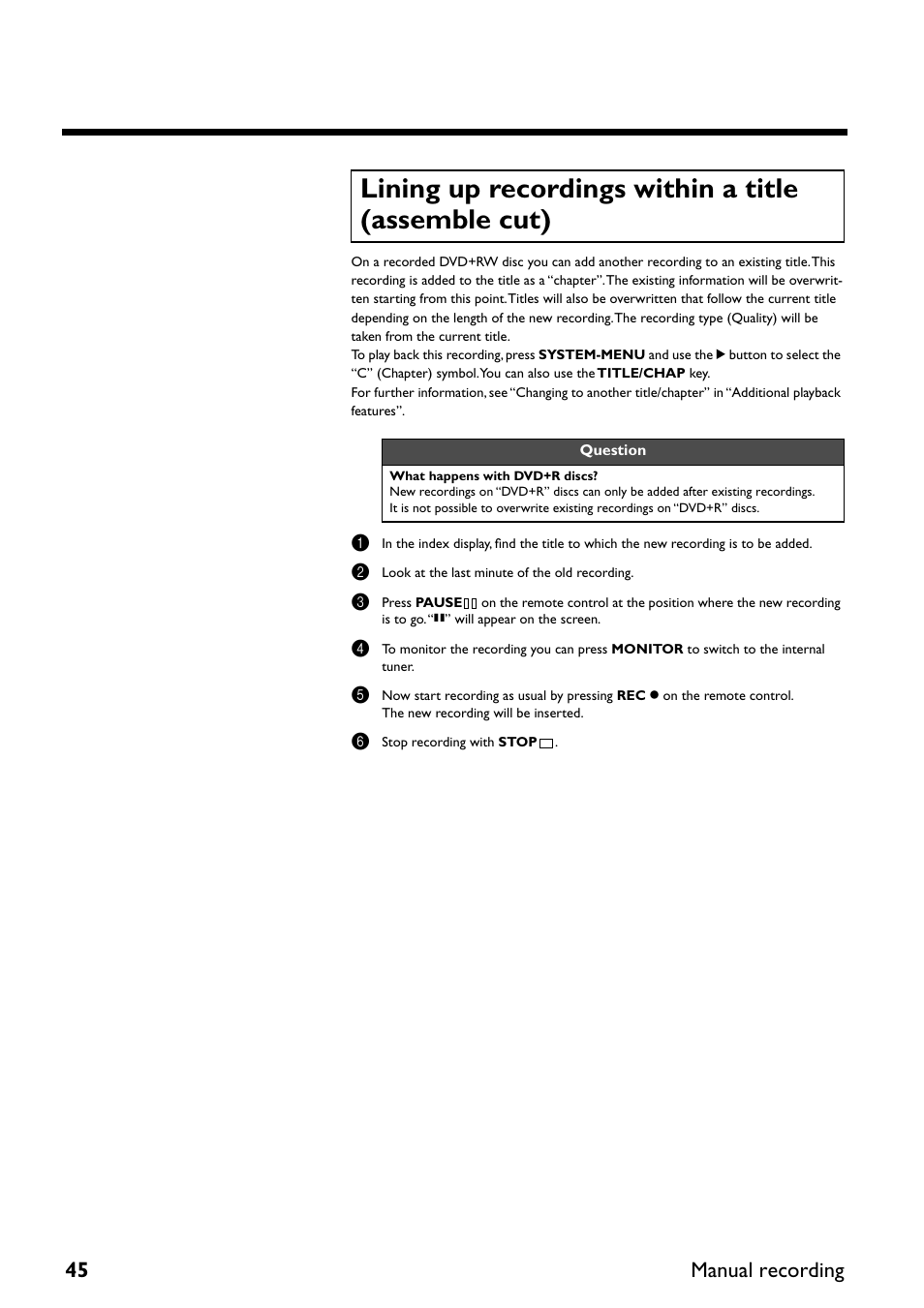 Lining up recordings within a title (assemble cut), 45 manual recording | Yamaha DRX-2 User Manual | Page 50 / 76