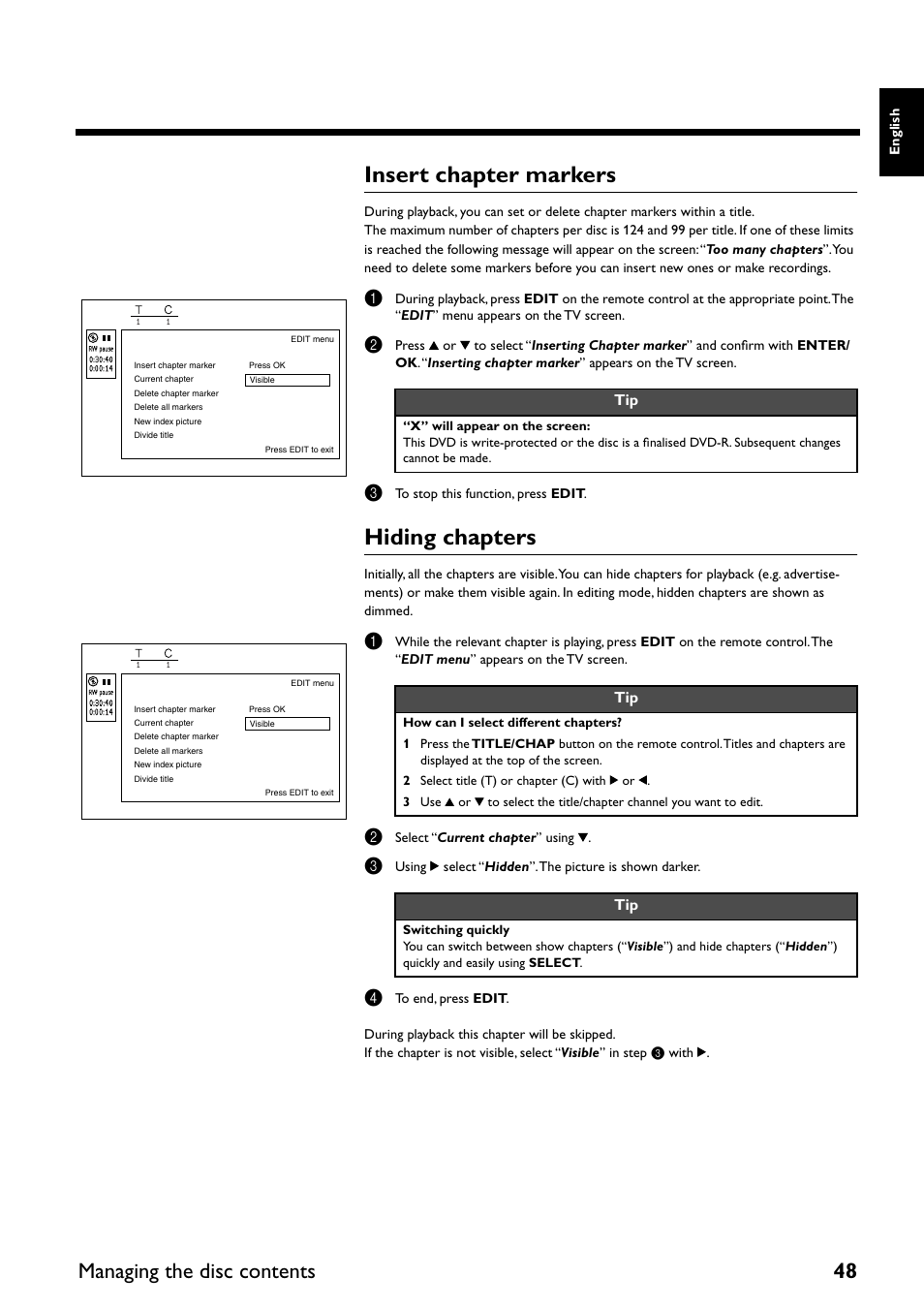 Insert chapter markers, Hiding chapters, Managing the disc contents 48 | Yamaha DRX-2 User Manual | Page 53 / 76