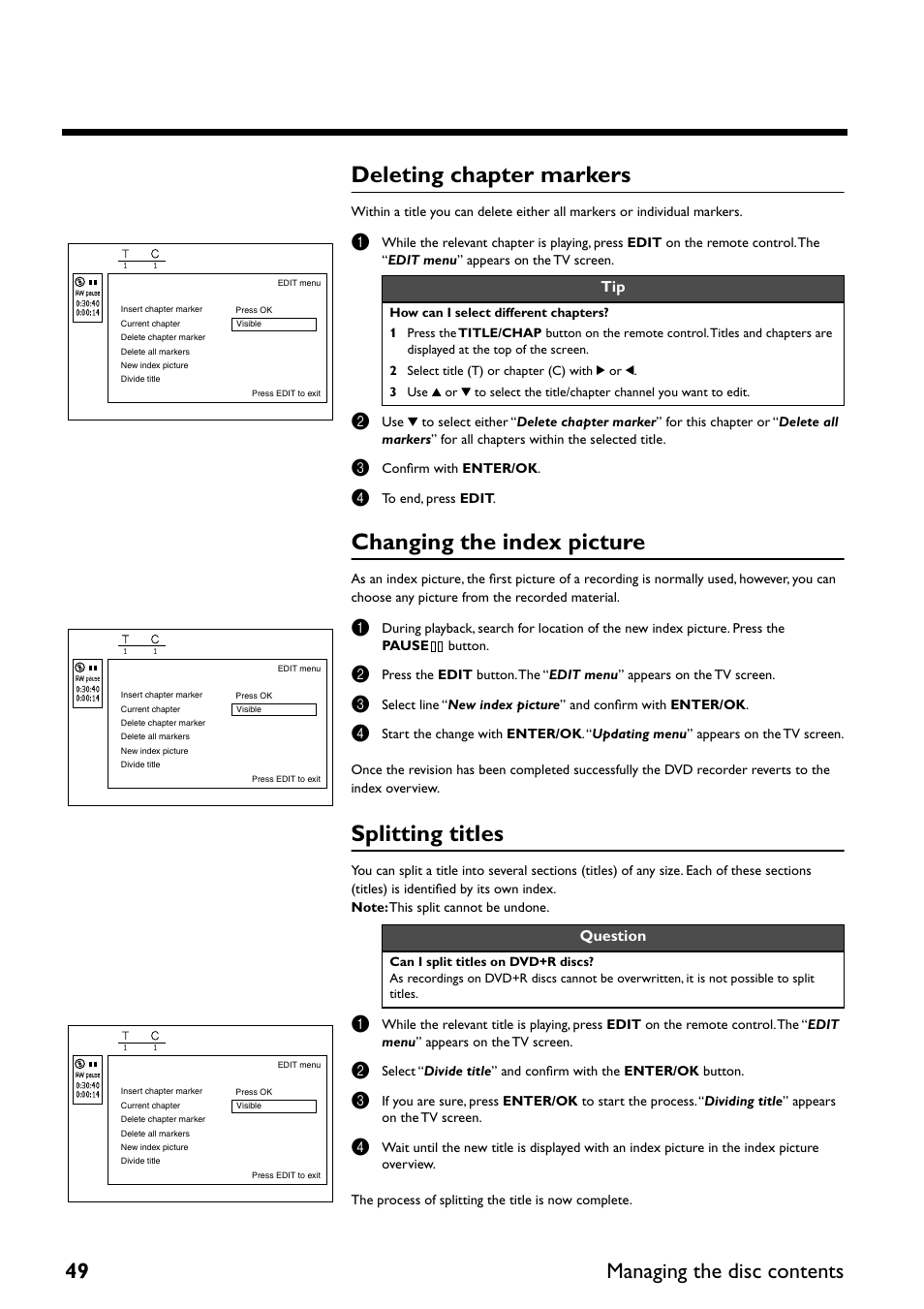 Deleting chapter markers, Changing the index picture, Splitting titles | 49 managing the disc contents, Question | Yamaha DRX-2 User Manual | Page 54 / 76