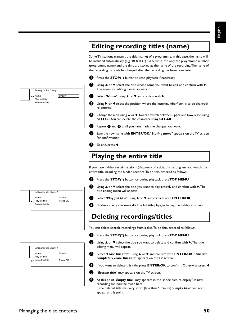 Editing recording titles (name), Playing the entire title, Deleting recordings/titles | Managing the disc contents 50 | Yamaha DRX-2 User Manual | Page 55 / 76