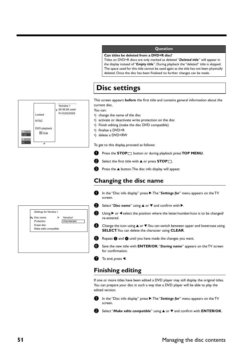 Disc settings, Changing the disc name, Finishing editing | 51 managing the disc contents | Yamaha DRX-2 User Manual | Page 56 / 76