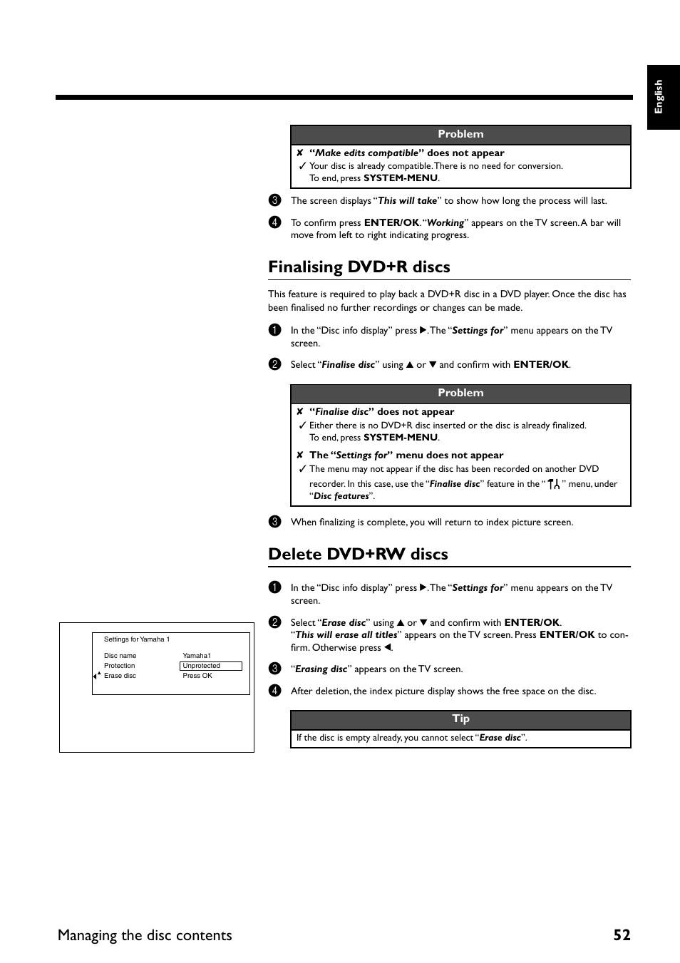 Finalising dvd+r discs, Delete dvd+rw discs, Managing the disc contents 52 | Yamaha DRX-2 User Manual | Page 57 / 76
