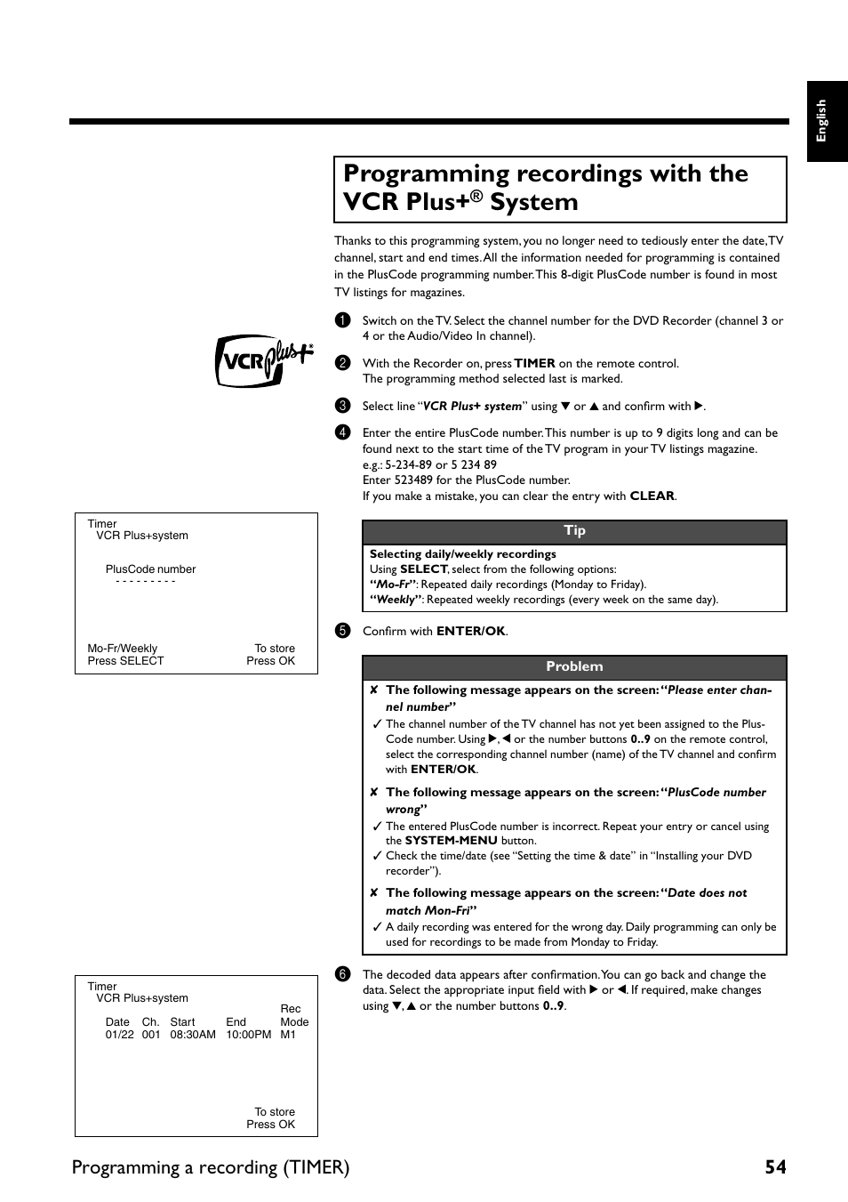 Programming recordings with the vcr plus+® system, Programming recordings with the vcr plus, System | Programming a recording (timer) 54 | Yamaha DRX-2 User Manual | Page 59 / 76