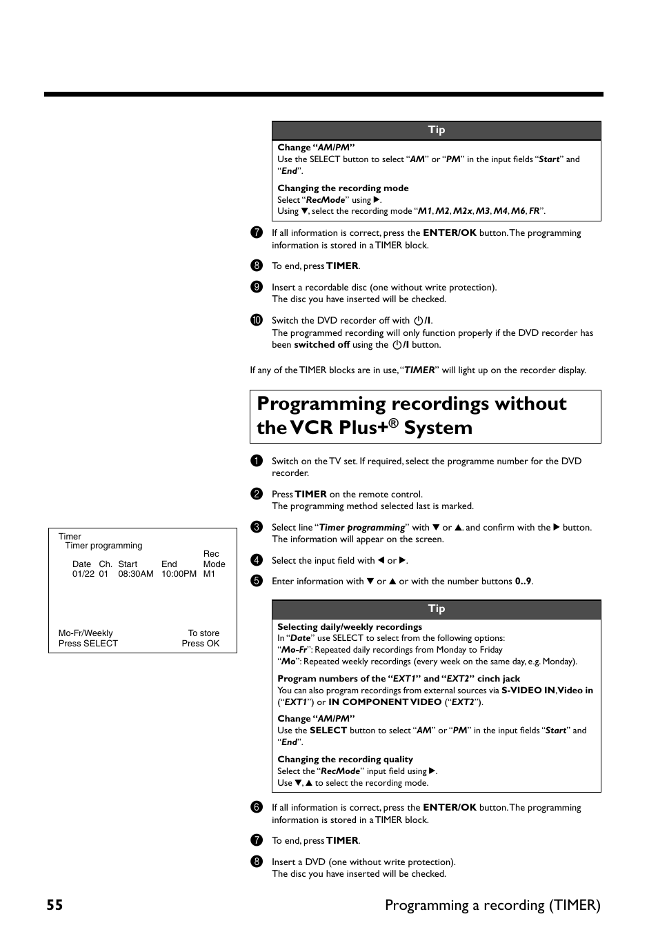 Programming recordings without the vcr plus, System, 55 programming a recording (timer) | Yamaha DRX-2 User Manual | Page 60 / 76