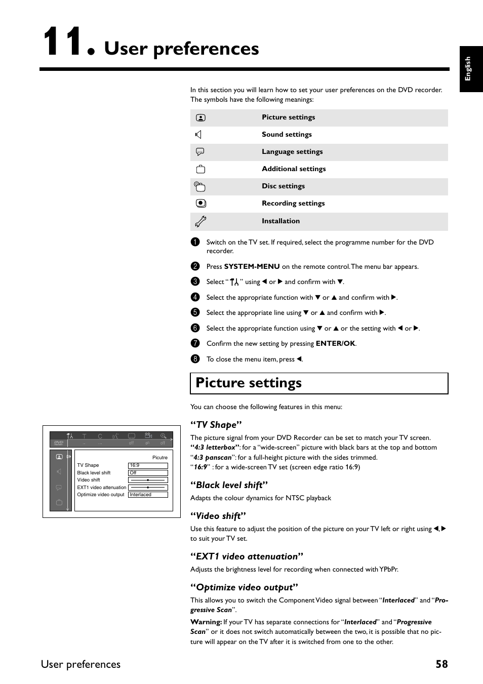 User preferences, Picture settings, User preferences 58 | Yamaha DRX-2 User Manual | Page 63 / 76