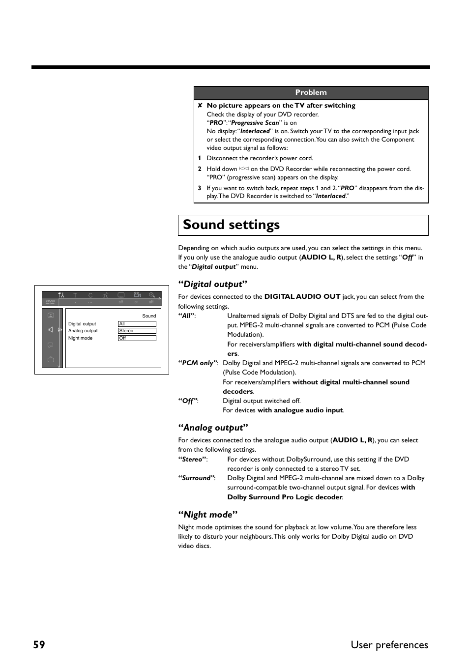 Sound settings, 59 user preferences, Digital output | Analog output, Night mode | Yamaha DRX-2 User Manual | Page 64 / 76