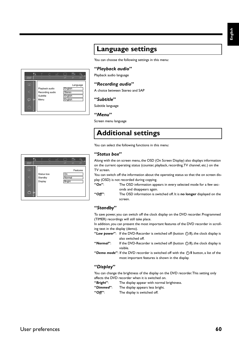 Language settings, Additional settings, Language settings additional settings | User preferences 60, Playback audio, Recording audio, Subtitle, Menu, Status box, Standby | Yamaha DRX-2 User Manual | Page 65 / 76