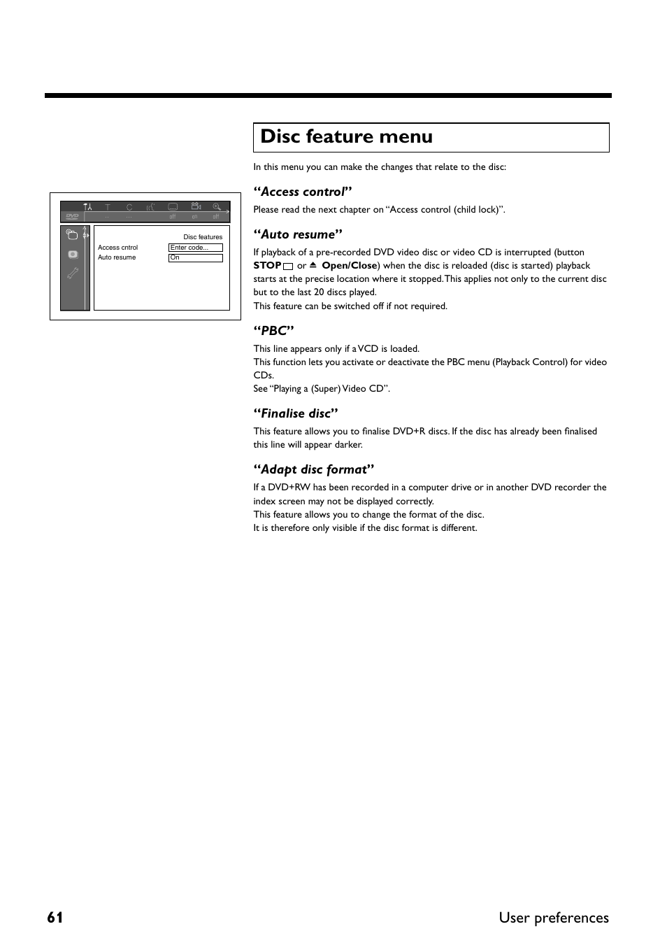 Disc feature menu, 61 user preferences, Access control | Auto resume, Finalise disc, Adapt disc format | Yamaha DRX-2 User Manual | Page 66 / 76