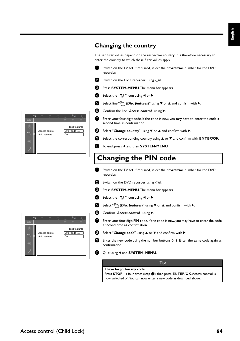 Changing the pin code, Changing the country, Access control (child lock) 64 | Yamaha DRX-2 User Manual | Page 69 / 76