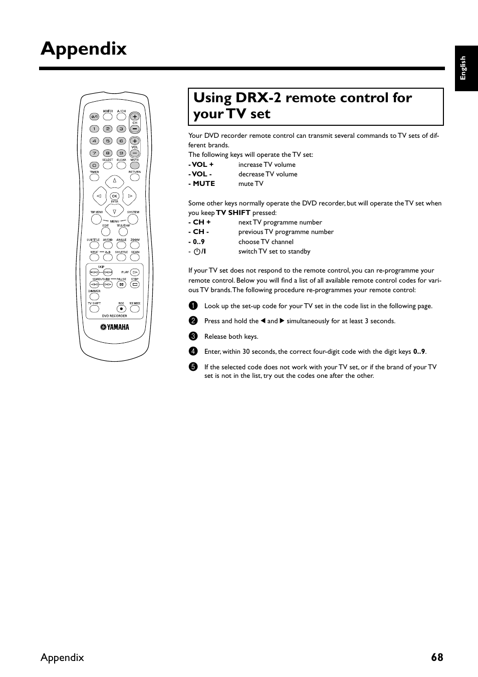 Appendix, Using drx-2 remote control for your tv set, Appendix 68 | Yamaha DRX-2 User Manual | Page 73 / 76
