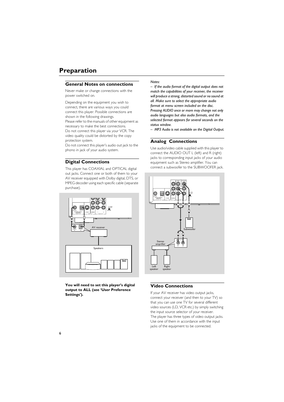 Preparation, General notes on connections, Digital connections | Analog connections, Video connections | Yamaha DVD CHANGER User Manual | Page 10 / 30