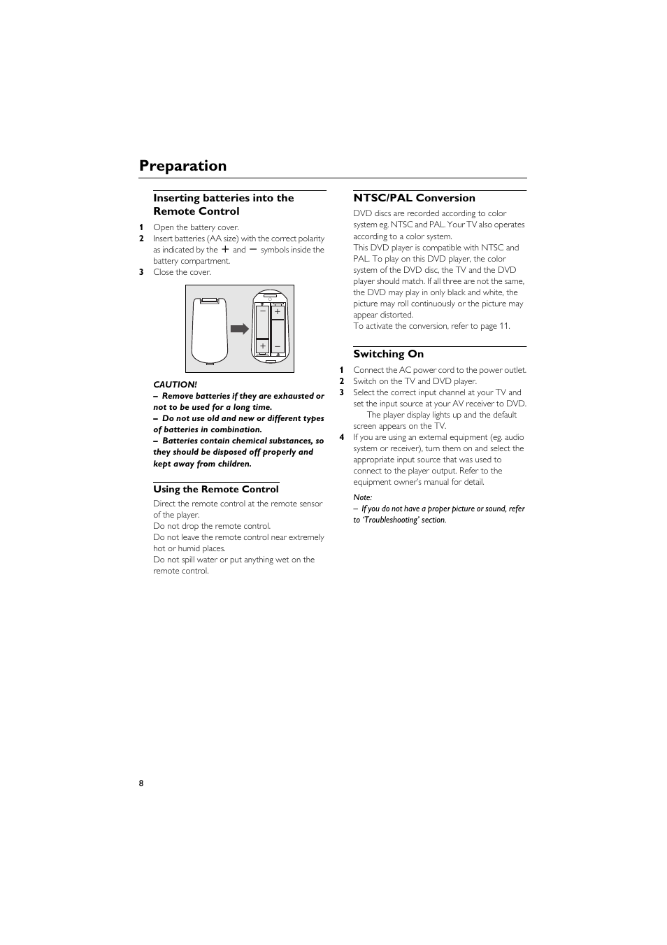 Inserting batteries into the remote control, Using the remote control, Ntsc/pal conversion | Switching on, Ntsc/pal conversion switching on, Preparation | Yamaha DVD CHANGER User Manual | Page 12 / 30