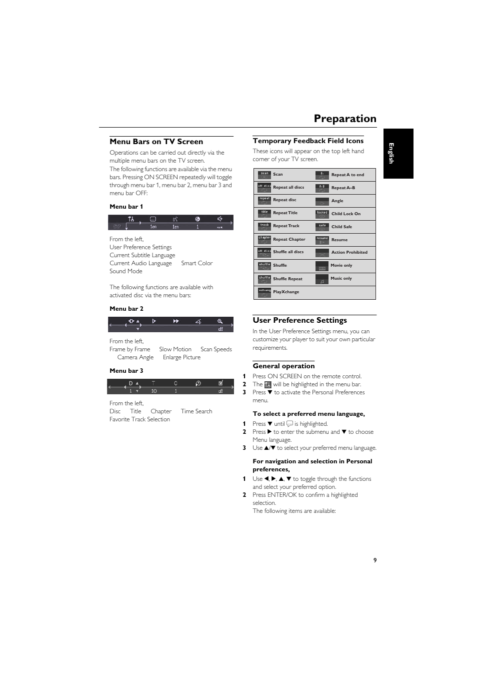 Menu bars on tv screen, Temporary feedback field icons, User preference settings | General operation, Preparation | Yamaha DVD CHANGER User Manual | Page 13 / 30
