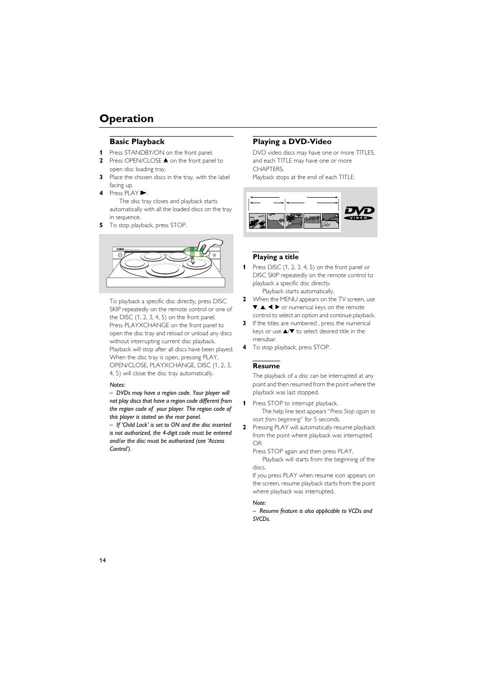 Operation, Basic playback, Playing a dvd-video | Playing a title, Resume, Basic playback playing a dvd-video, Playing a title resume | Yamaha DVD CHANGER User Manual | Page 18 / 30