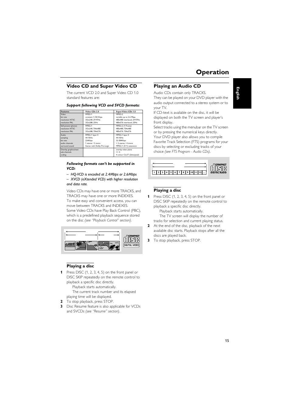 Video cd and super video cd, Playing a disc, Playing an audio cd | Operation, 15 english | Yamaha DVD CHANGER User Manual | Page 19 / 30