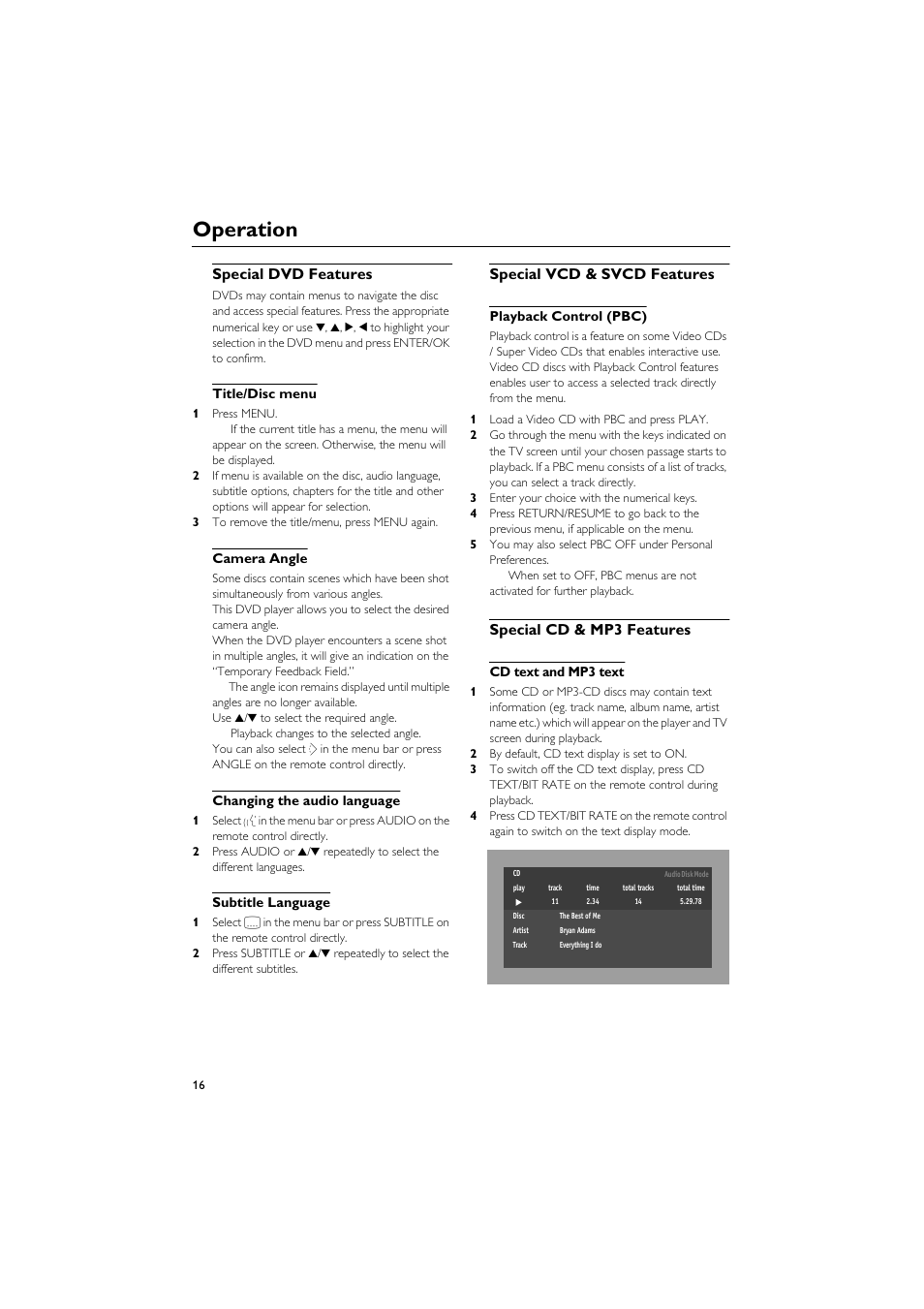Special dvd features, Title/disc menu, Camera angle | Changing the audio language, Subtitle language, Special vcd & svcd features, Playback control (pbc), Special cd & mp3 features, Cd text and mp3 text, Operation | Yamaha DVD CHANGER User Manual | Page 20 / 30