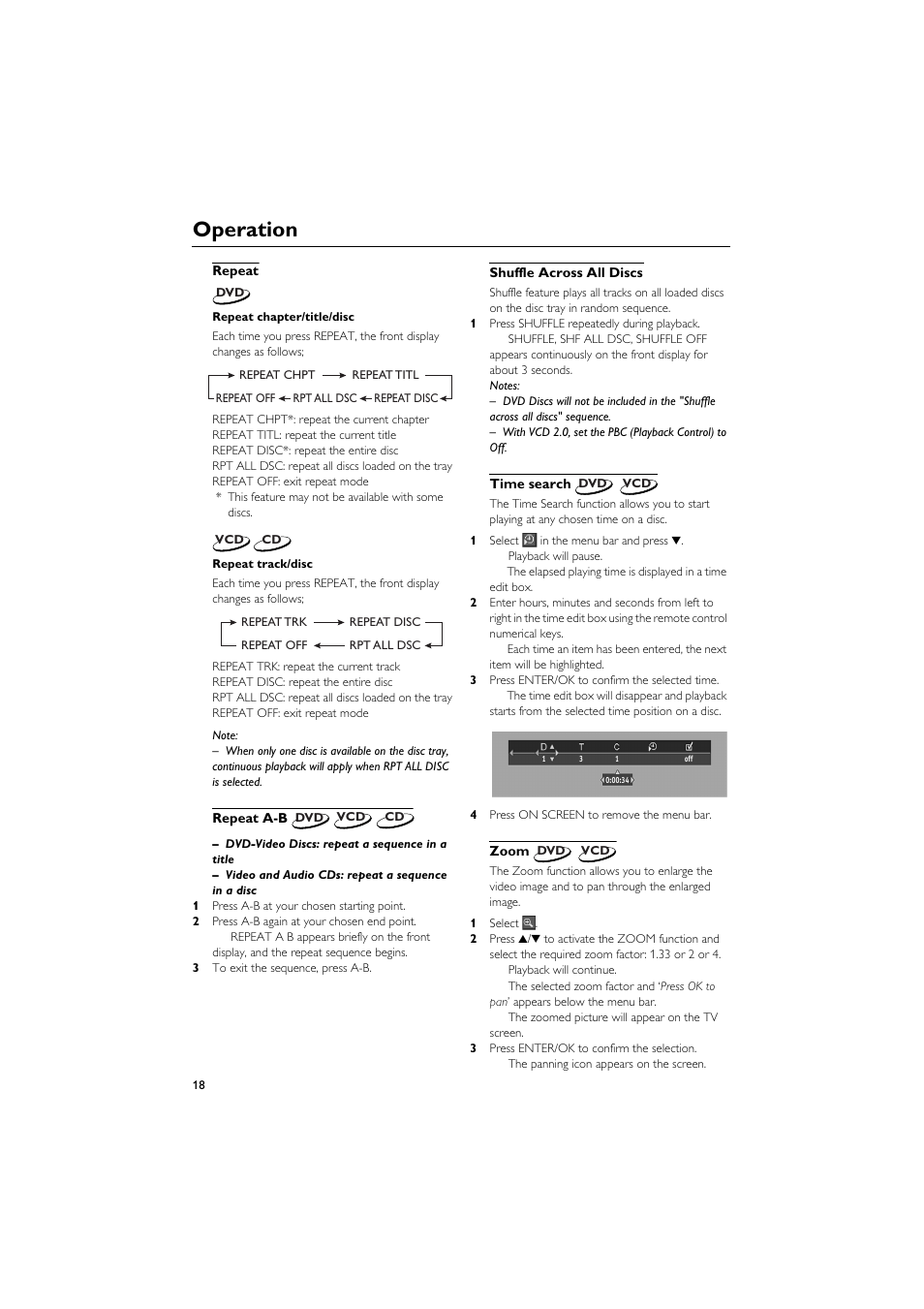 Repeat, Repeat a-b, Shuffle across all discs | Time search, Zoom, Operation | Yamaha DVD CHANGER User Manual | Page 22 / 30