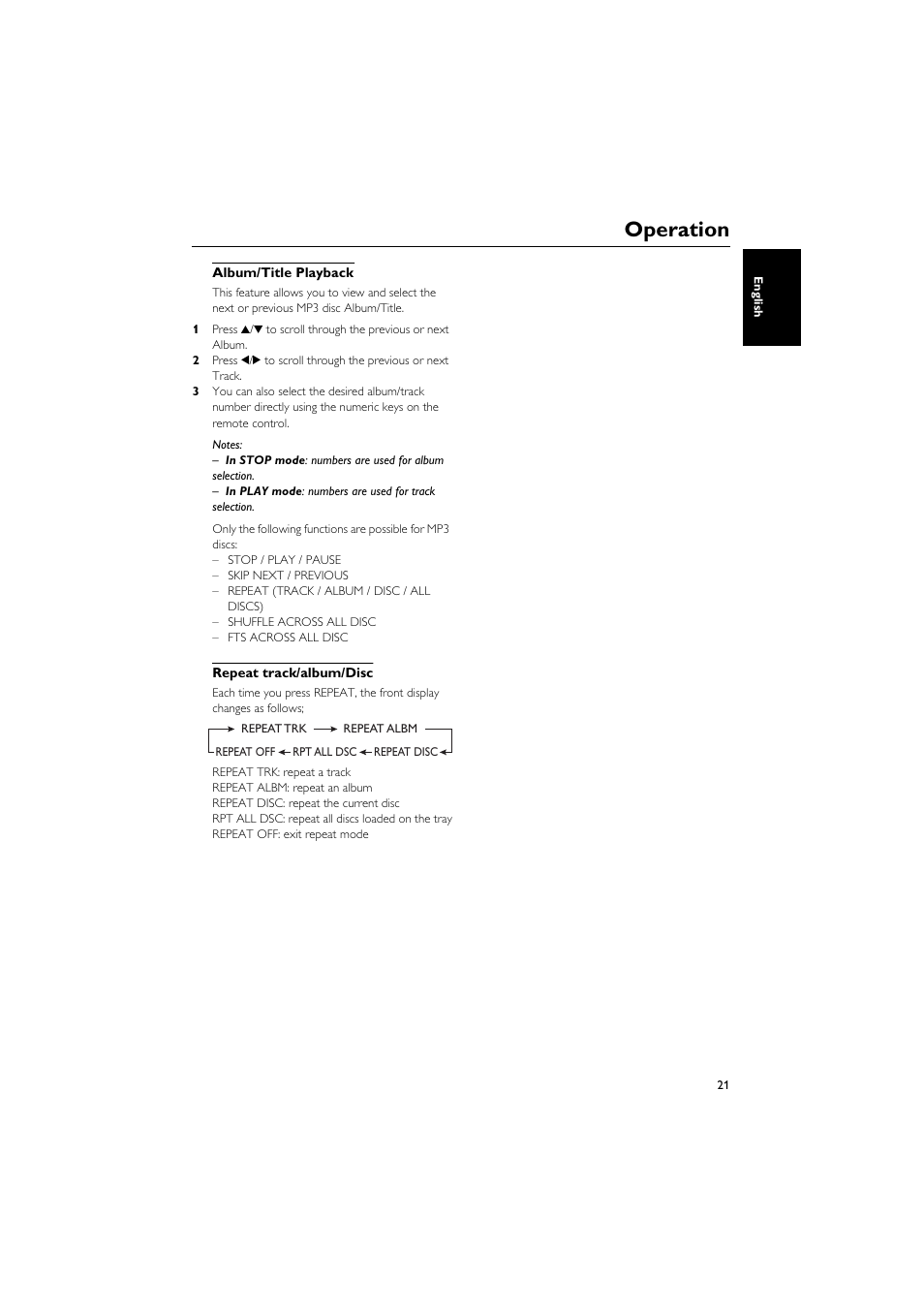 Album/title playback, Repeat track/album/disc, Album/title playback repeat track/album/disc | Operation | Yamaha DVD CHANGER User Manual | Page 25 / 30