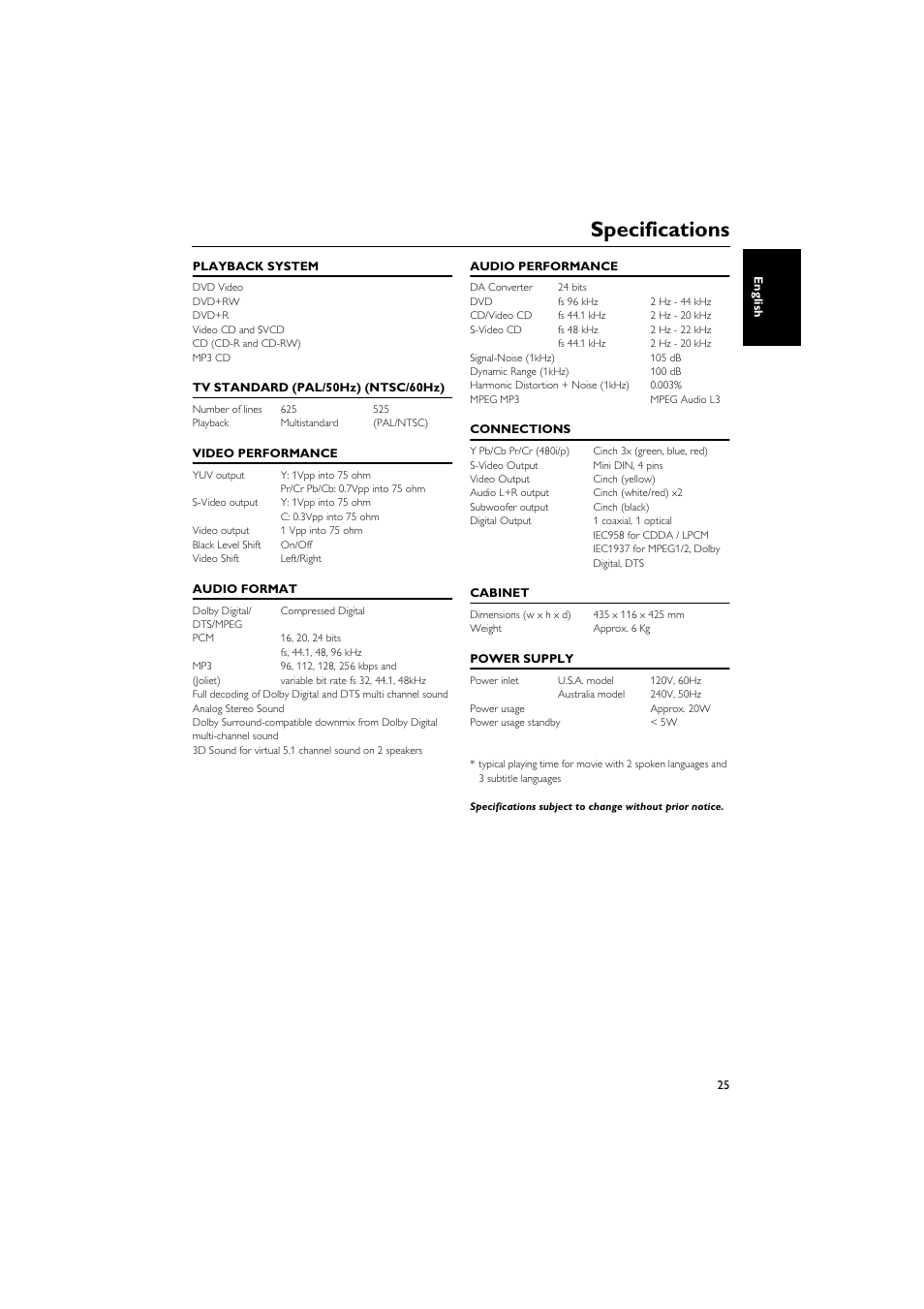 Specifications | Yamaha DVD CHANGER User Manual | Page 29 / 30