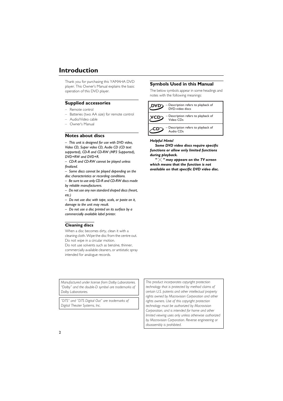 Introduction, Supplied accessories, Notes about discs | Cleaning discs, Symbols used in this manual, Supplied accessories notes about discs | Yamaha DVD CHANGER User Manual | Page 6 / 30