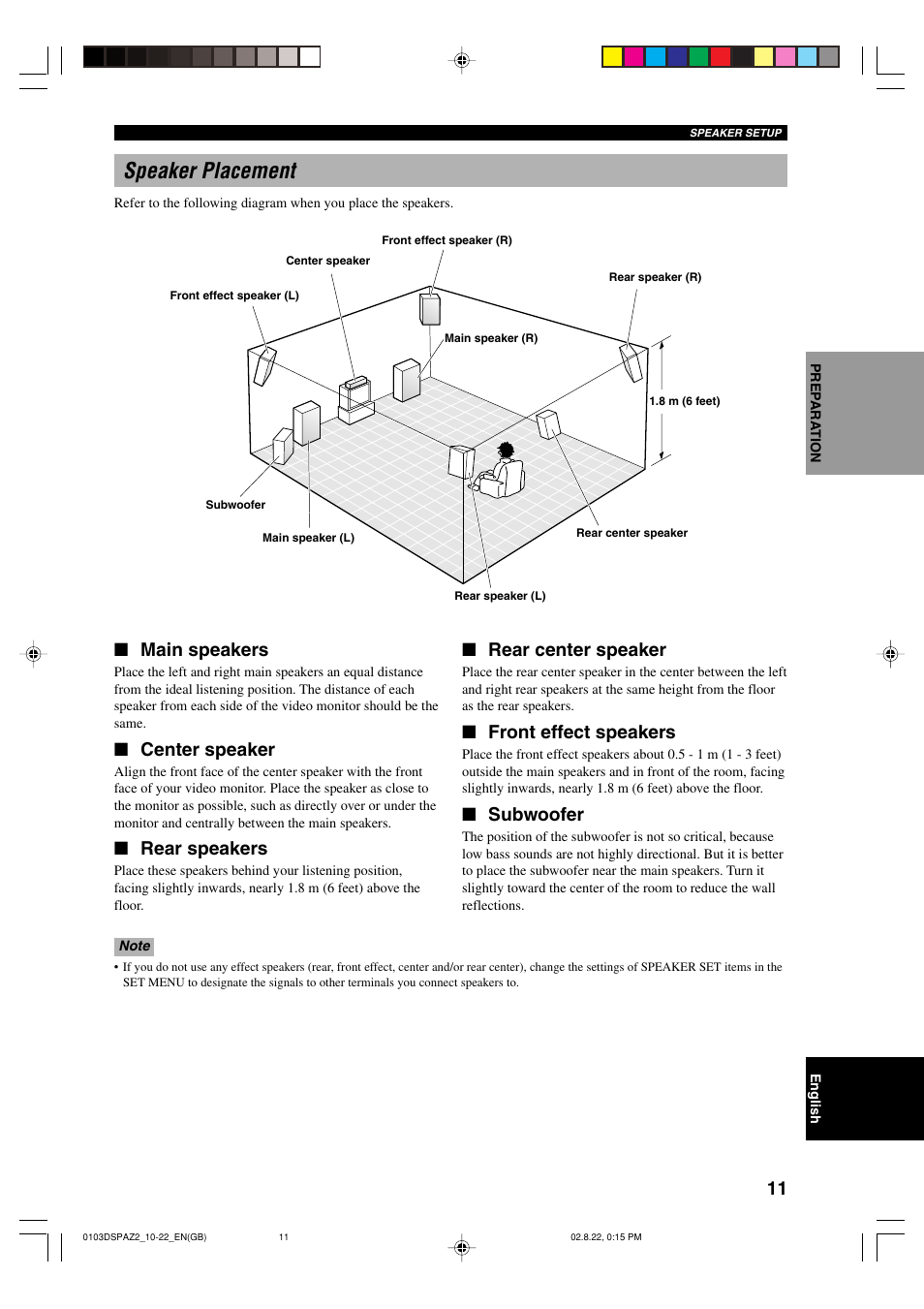 Speaker placement, Rear center speaker, Front effect speakers | Subwoofer, Main speakers, Center speaker, Rear speakers | Yamaha DSP-AZ2 User Manual | Page 13 / 84