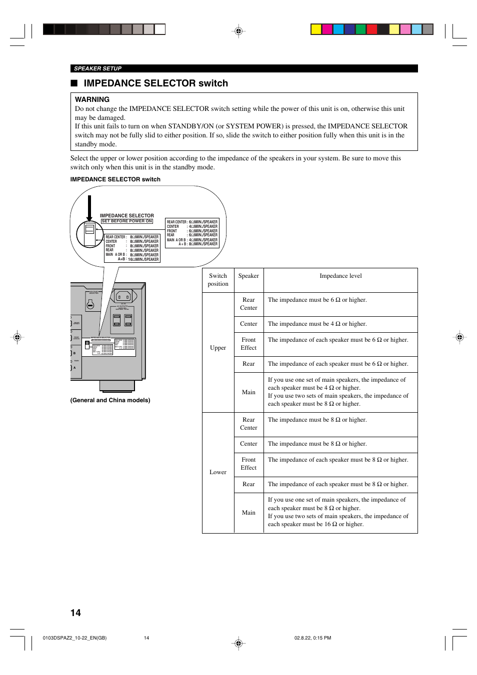 Impedance selector switch, General and china models), Speaker setup | Yamaha DSP-AZ2 User Manual | Page 16 / 84
