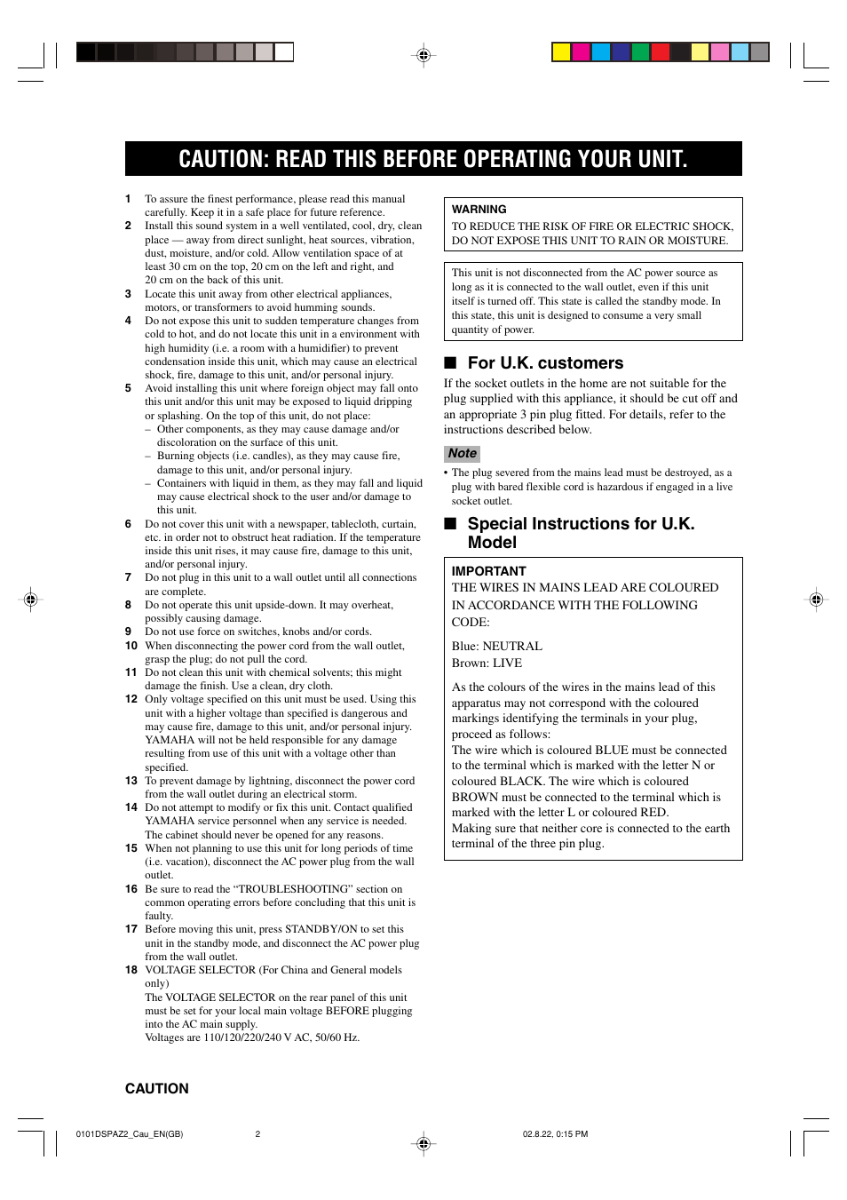 Caution: read this before operating your unit, For u.k. customers, Special instructions for u.k. model | Yamaha DSP-AZ2 User Manual | Page 2 / 84