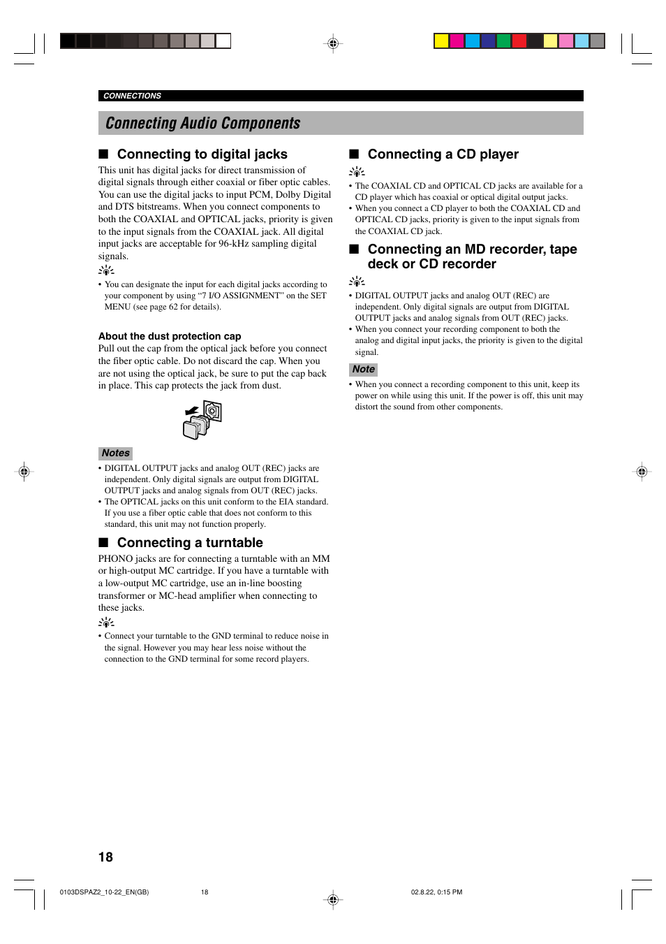 Connecting audio components, Connecting a cd player y, Connecting to digital jacks | Connecting a turntable | Yamaha DSP-AZ2 User Manual | Page 20 / 84