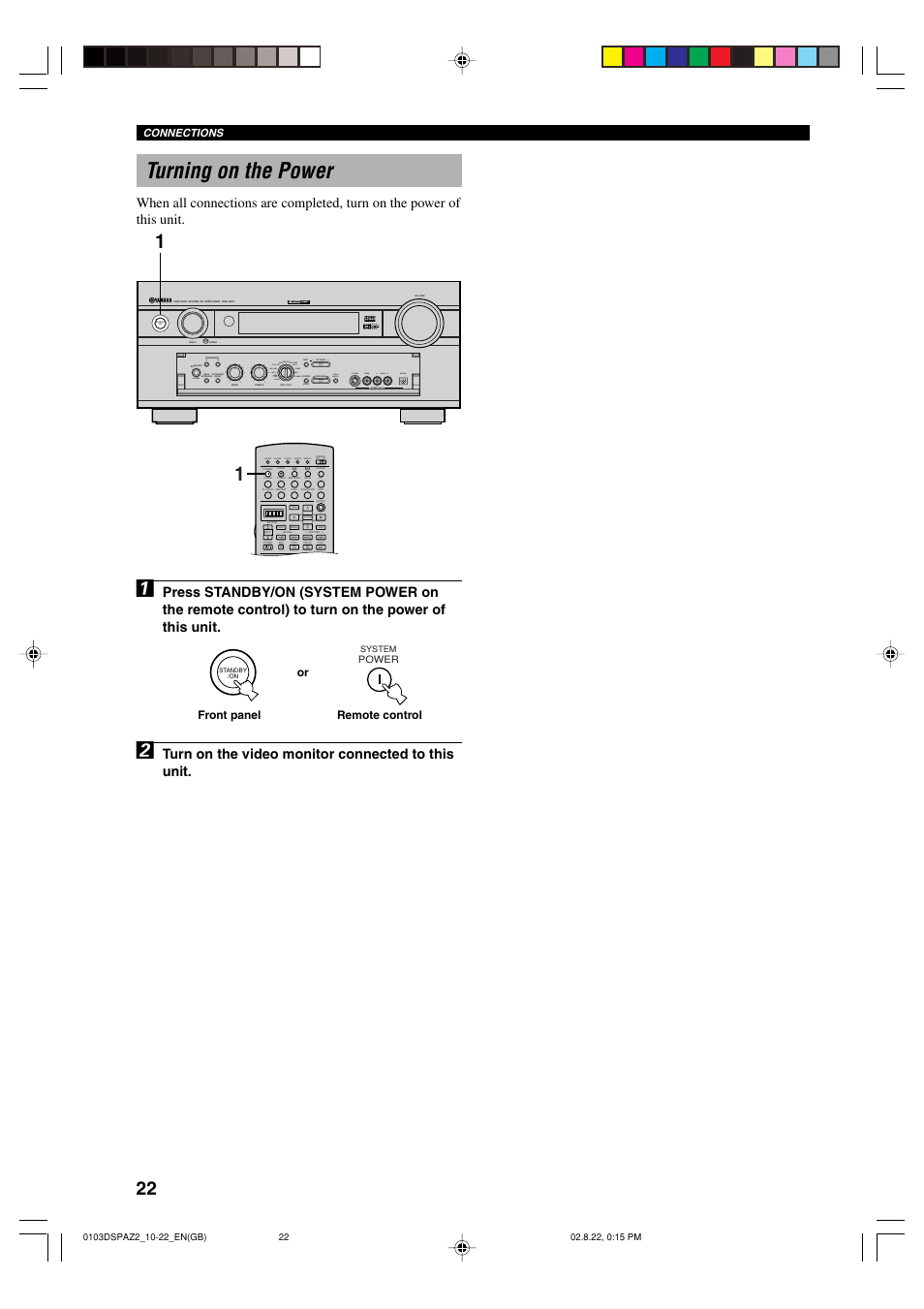 Turning on the power, Turn on the video monitor connected to this unit, Video aux silent program stereo rec out | Or remote control front panel | Yamaha DSP-AZ2 User Manual | Page 24 / 84