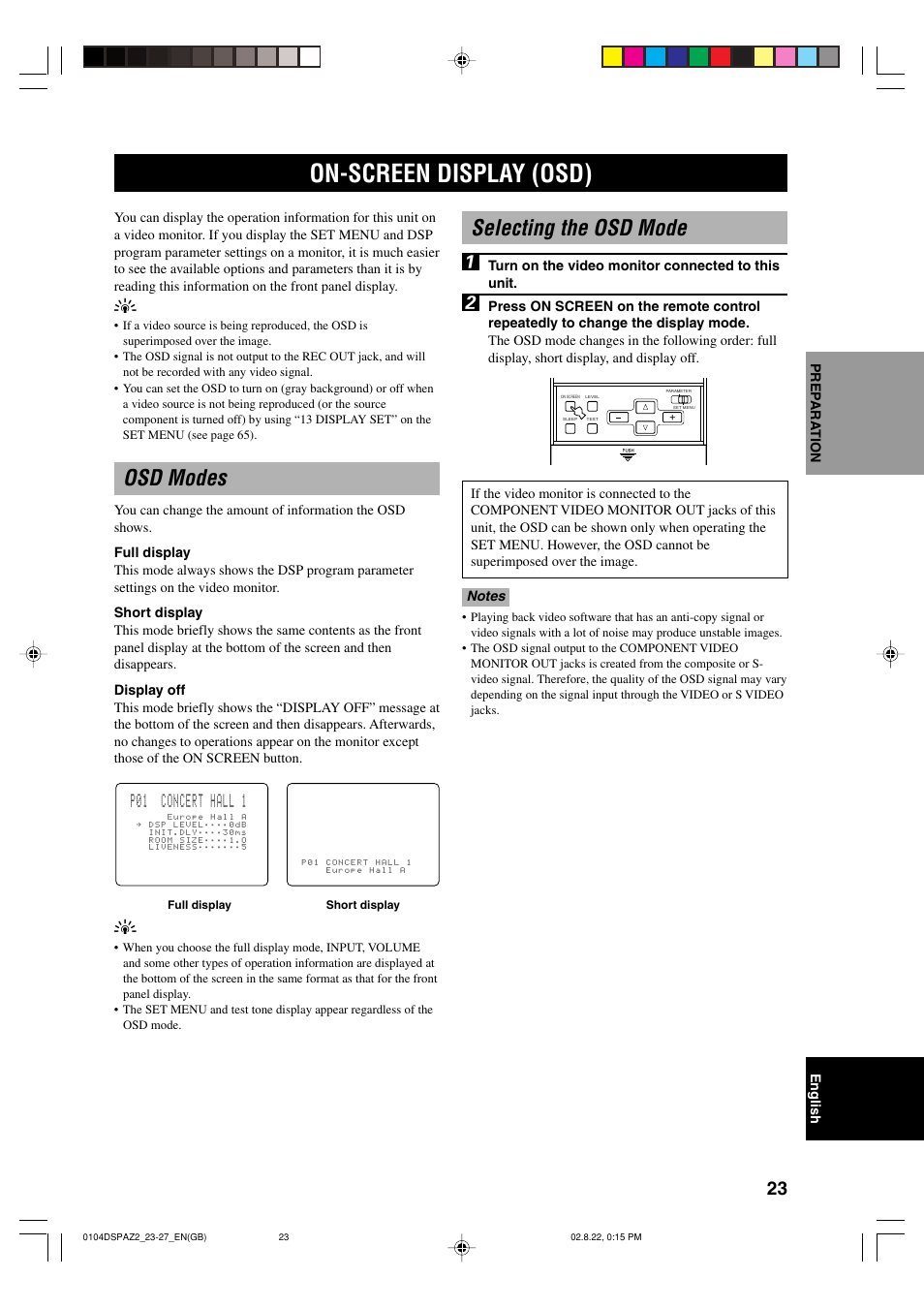 On-screen display (osd), Osd modes, Selecting the osd mode | Selecting the osd mode 1, P01 concert hall 1 | Yamaha DSP-AZ2 User Manual | Page 25 / 84