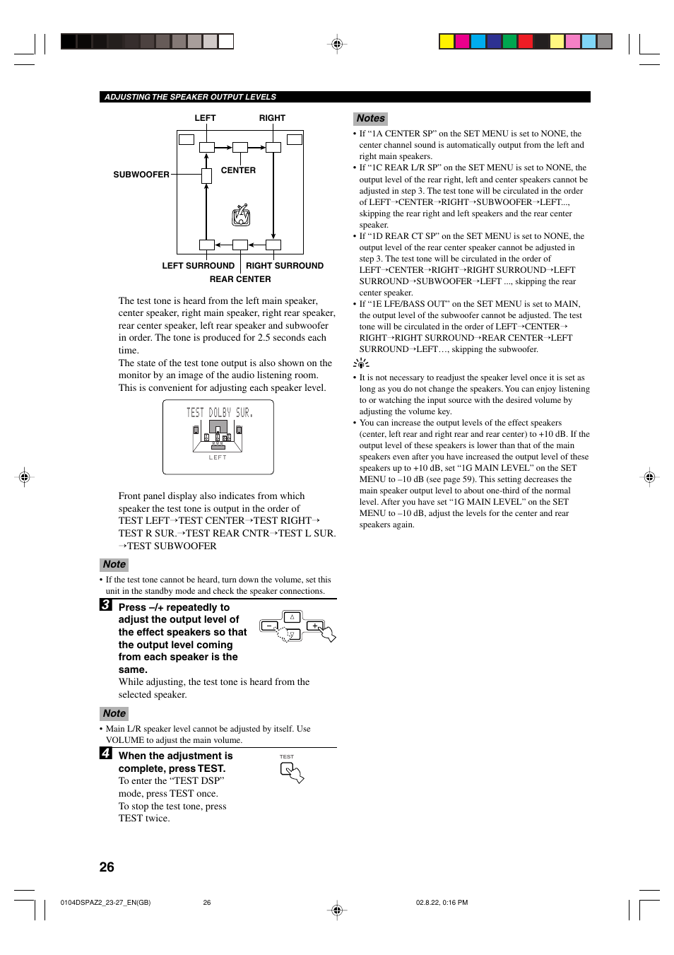 Test dolby sur | Yamaha DSP-AZ2 User Manual | Page 28 / 84