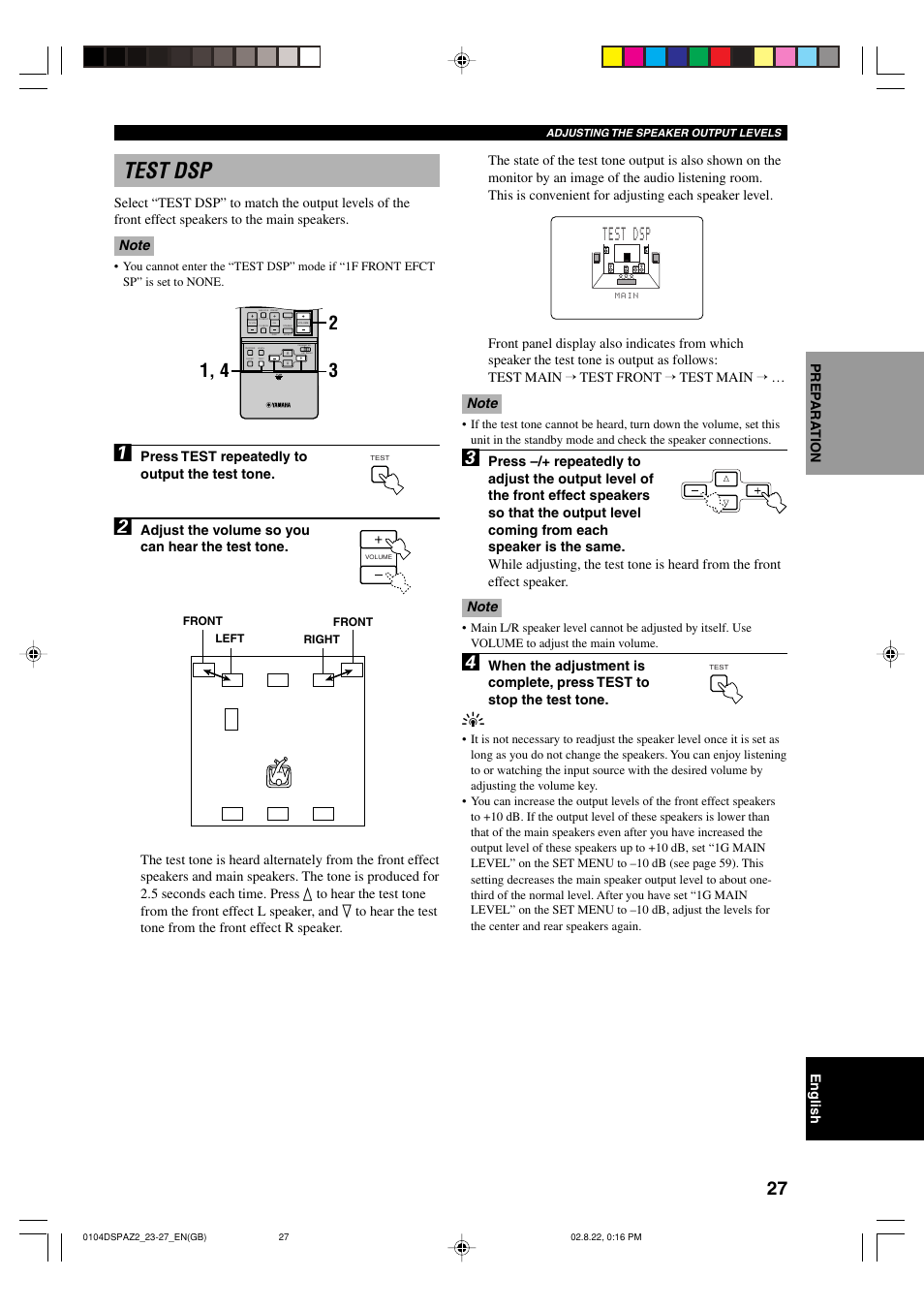 Test dsp | Yamaha DSP-AZ2 User Manual | Page 29 / 84