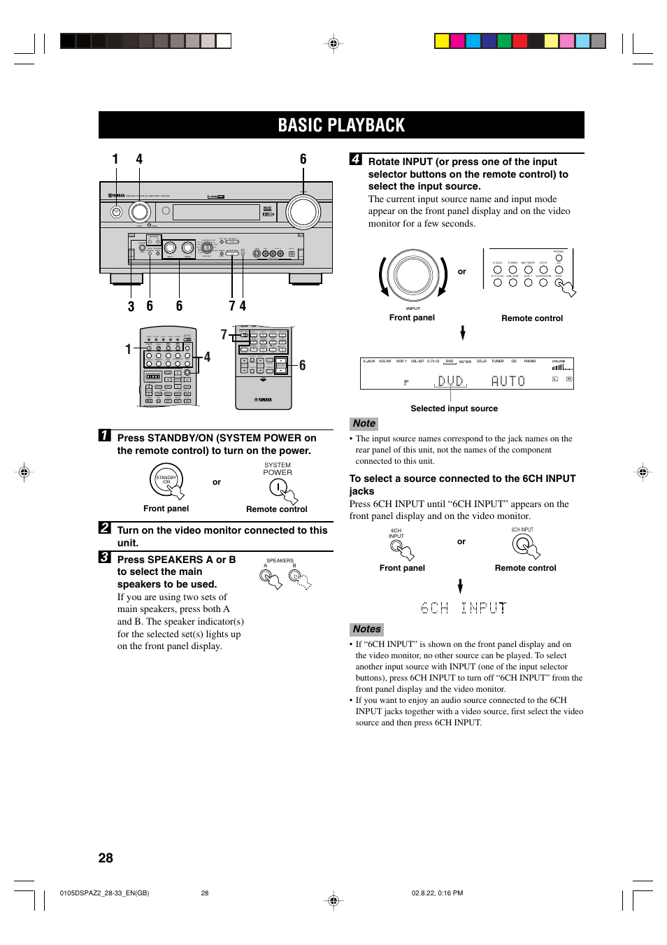 Basic operation, Basic playback, Turn on the video monitor connected to this unit | Video aux silent program stereo rec out, Remote control front panel or | Yamaha DSP-AZ2 User Manual | Page 30 / 84