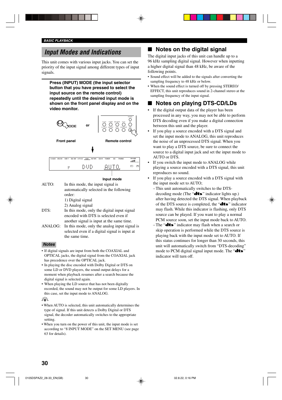 Input modes and indications | Yamaha DSP-AZ2 User Manual | Page 32 / 84