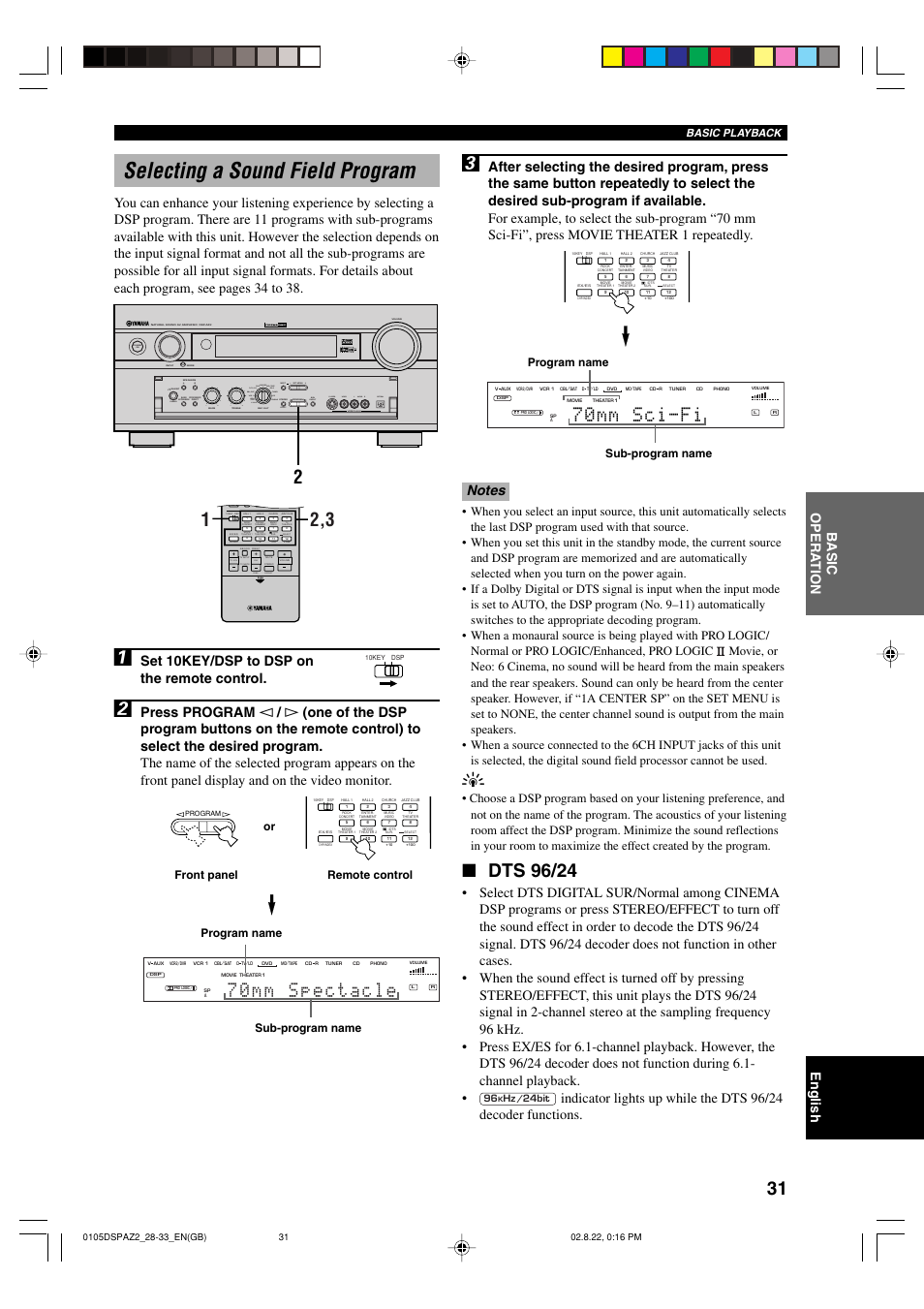 Selecting a sound field program, Dts 96/24, 70mm sci-fi | Set 10key/dsp to dsp on the remote control, Video aux silent program stereo rec out, Program name sub-program name, Basic playback | Yamaha DSP-AZ2 User Manual | Page 33 / 84