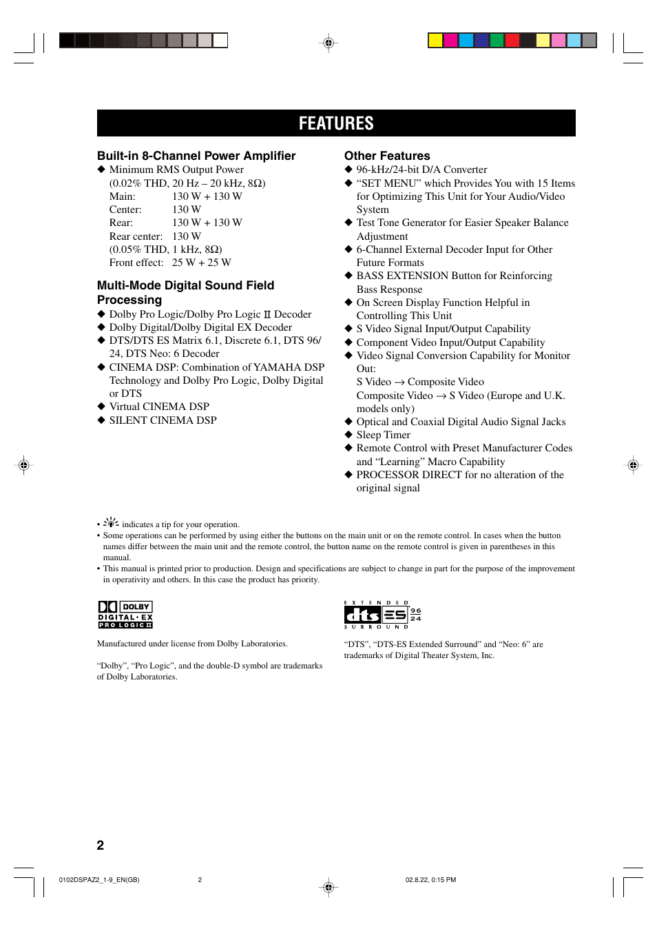 Features | Yamaha DSP-AZ2 User Manual | Page 4 / 84