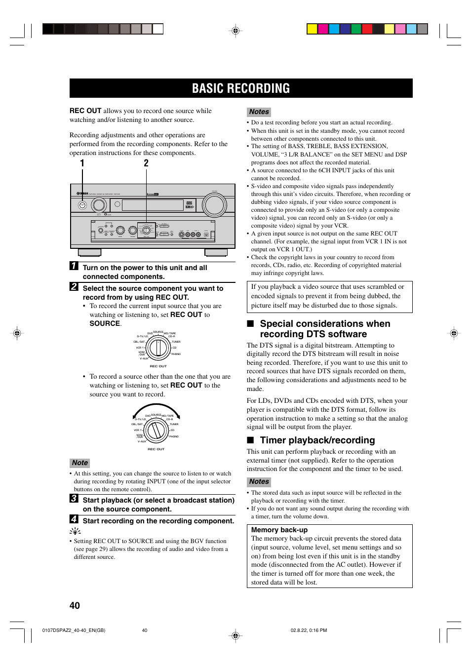 Basic recording, Special considerations when recording dts software, Timer playback/recording | Yamaha DSP-AZ2 User Manual | Page 42 / 84