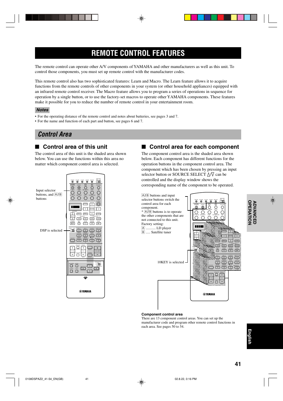 Advanced operation, Remote control features, Control area | Control area of this unit, Control area for each component, Dsp is selected 10key is selected | Yamaha DSP-AZ2 User Manual | Page 43 / 84