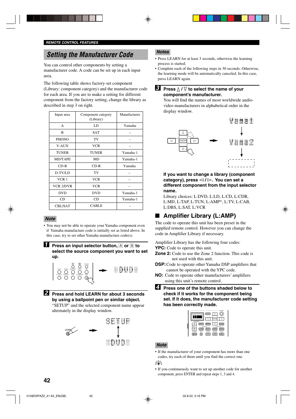 Setting the manufacturer code, Amplifier library (l:amp) | Yamaha DSP-AZ2 User Manual | Page 44 / 84