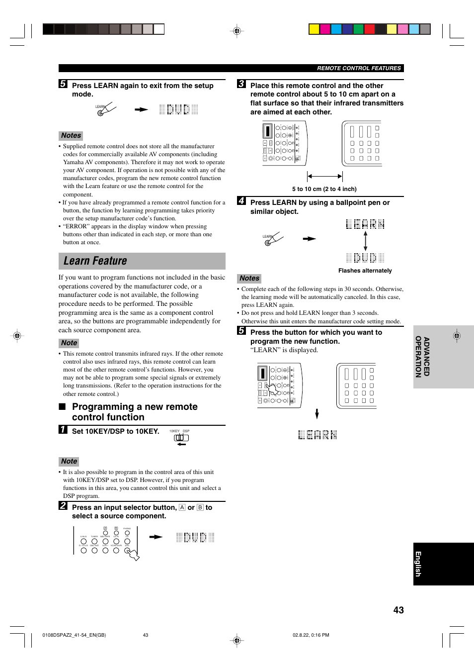 Learn feature, Programming a new remote control function, Flashes alternately | Remote control features | Yamaha DSP-AZ2 User Manual | Page 45 / 84