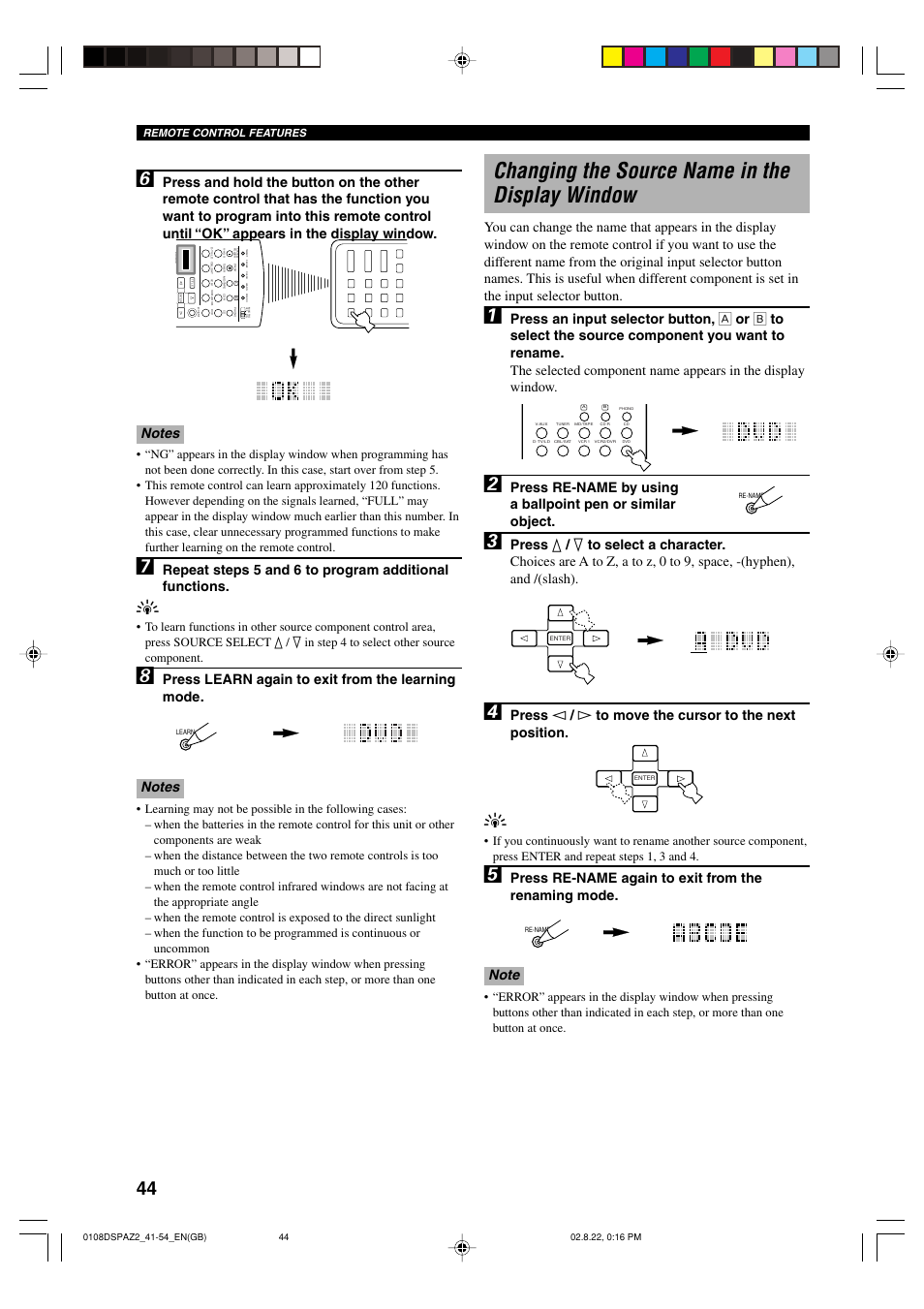 Changing the source name in the display window | Yamaha DSP-AZ2 User Manual | Page 46 / 84