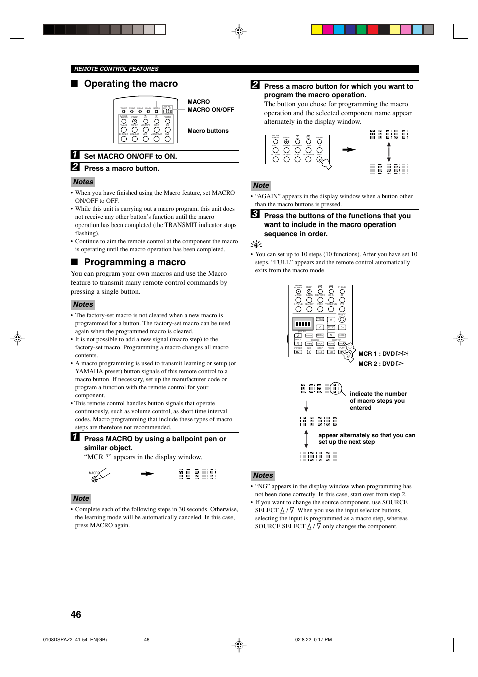 Operating the macro, Programming a macro, Set macro on/off to on | Macro buttons macro macro on/off, Indicate the number of macro steps you entered | Yamaha DSP-AZ2 User Manual | Page 48 / 84