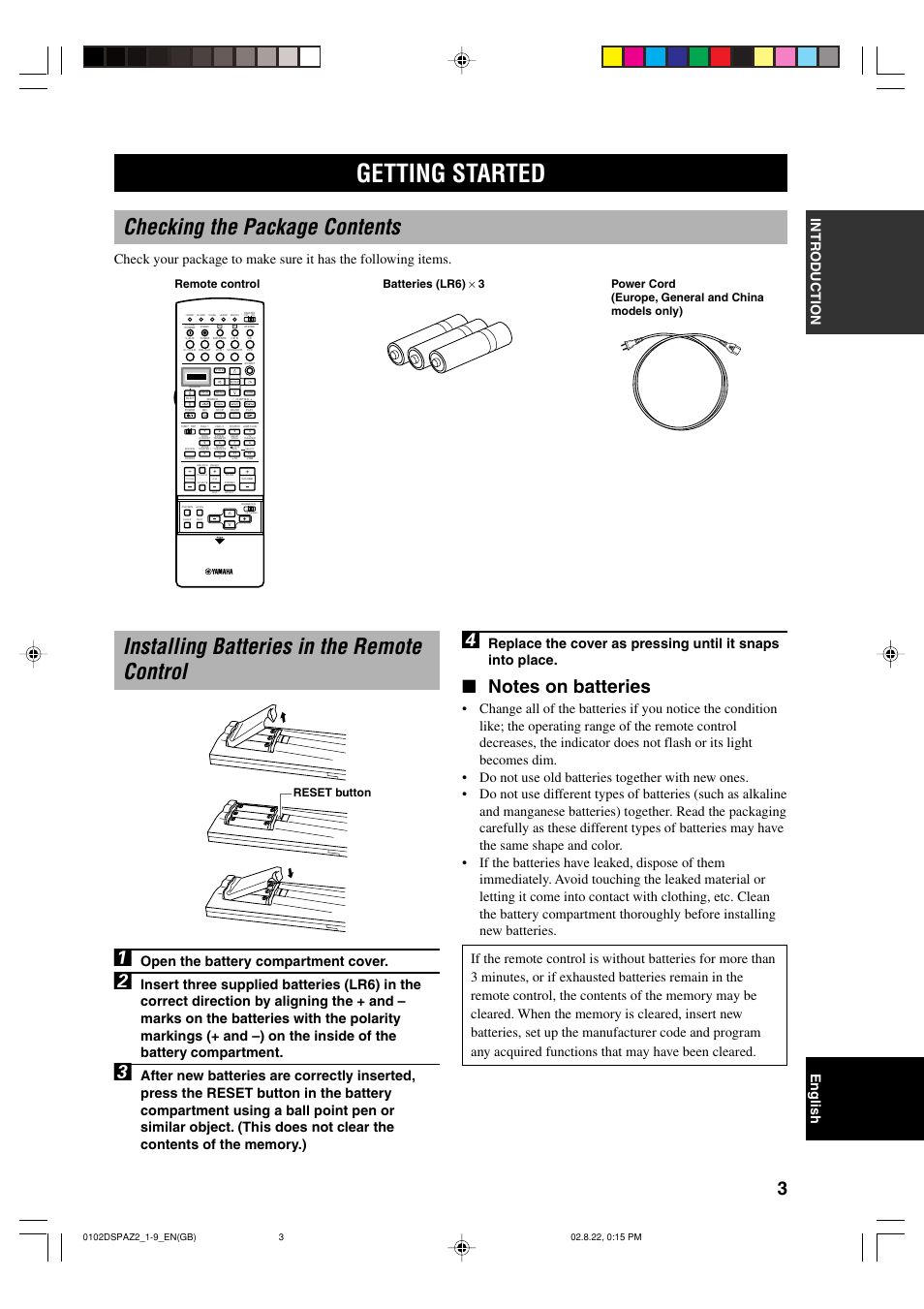 Getting started, Checking the package contents, Installing batteries in the remote control | Installing batteries in the remote control 1, Open the battery compartment cover, Batteries (lr6) × 3 remote control | Yamaha DSP-AZ2 User Manual | Page 5 / 84