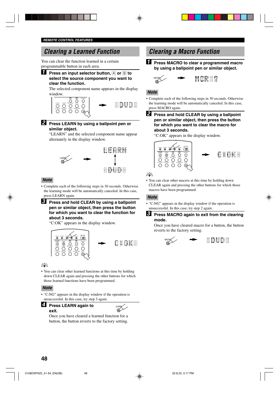 Clearing a learned function, Clearing a macro function, Clearing a macro function 1 | Yamaha DSP-AZ2 User Manual | Page 50 / 84