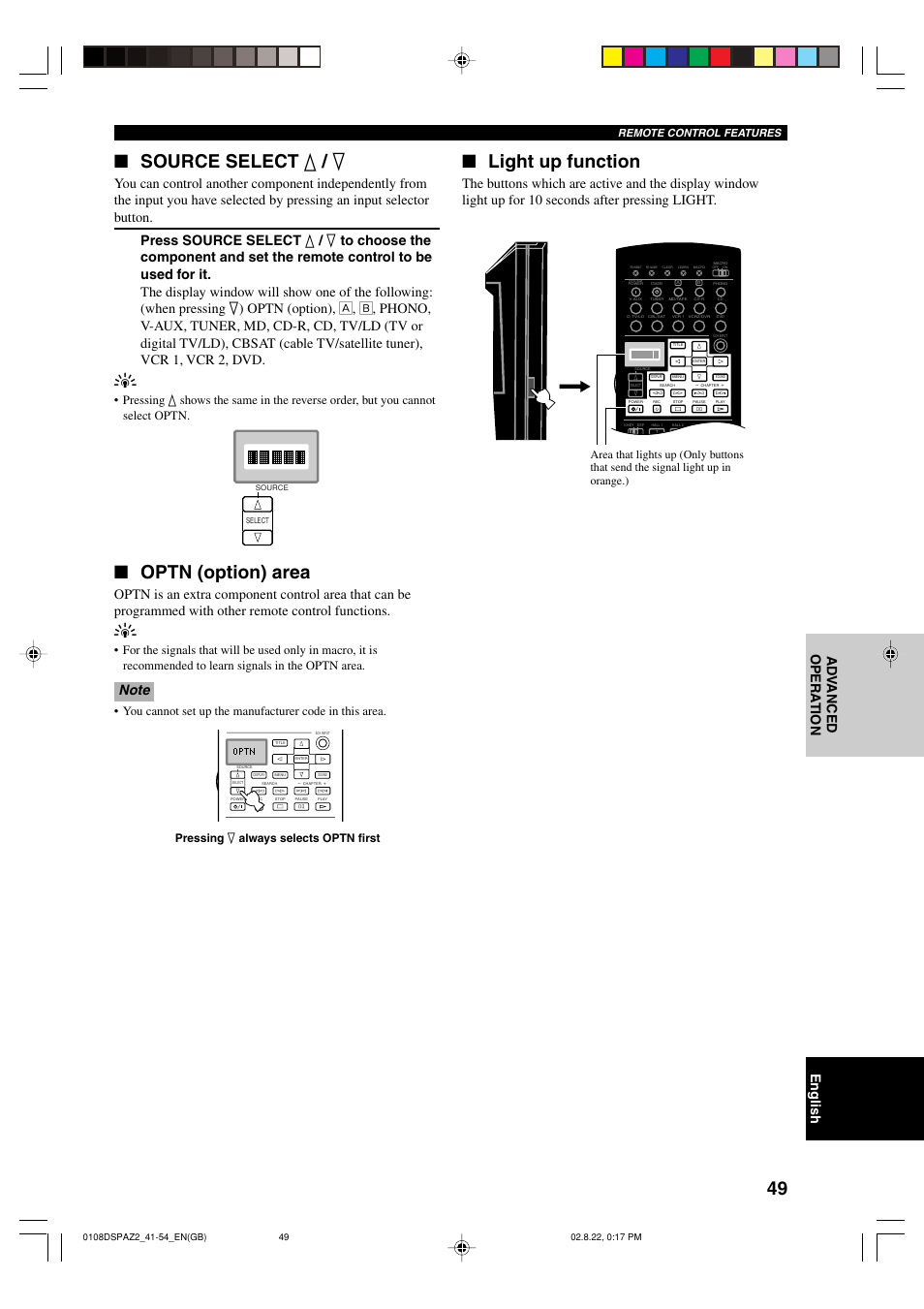 Source select k / n, Optn (option) area, Light up function | Remote control features | Yamaha DSP-AZ2 User Manual | Page 51 / 84