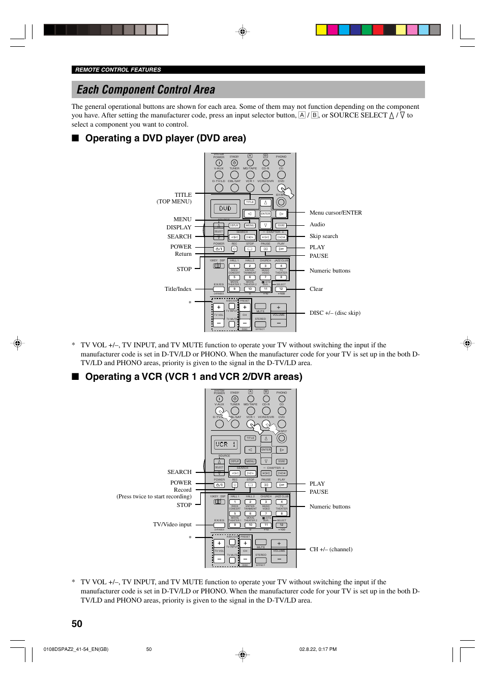 Each component control area, Operating a dvd player (dvd area), Operating a vcr (vcr 1 and vcr 2/dvr areas) | Remote control features | Yamaha DSP-AZ2 User Manual | Page 52 / 84