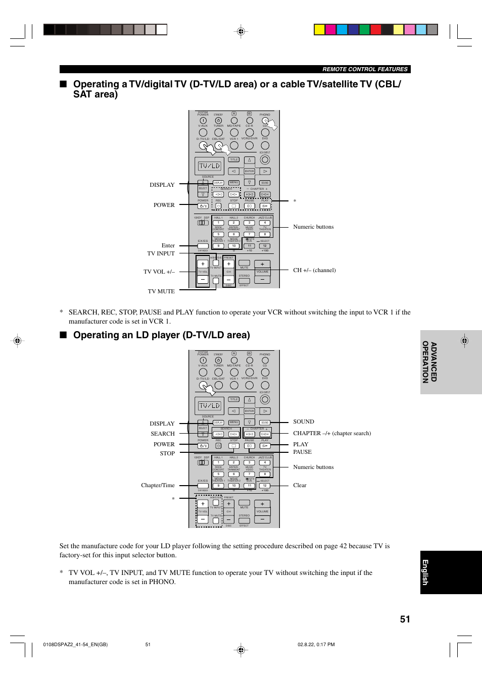 Operating an ld player (d-tv/ld area), Remote control features | Yamaha DSP-AZ2 User Manual | Page 53 / 84